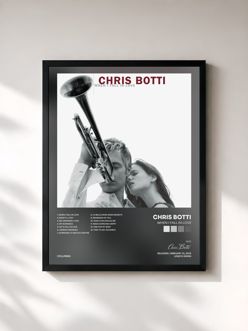#noir Tableau de l'album When I Fall In Love de Chris Botti, cadre noir, imprimé et encadré en France