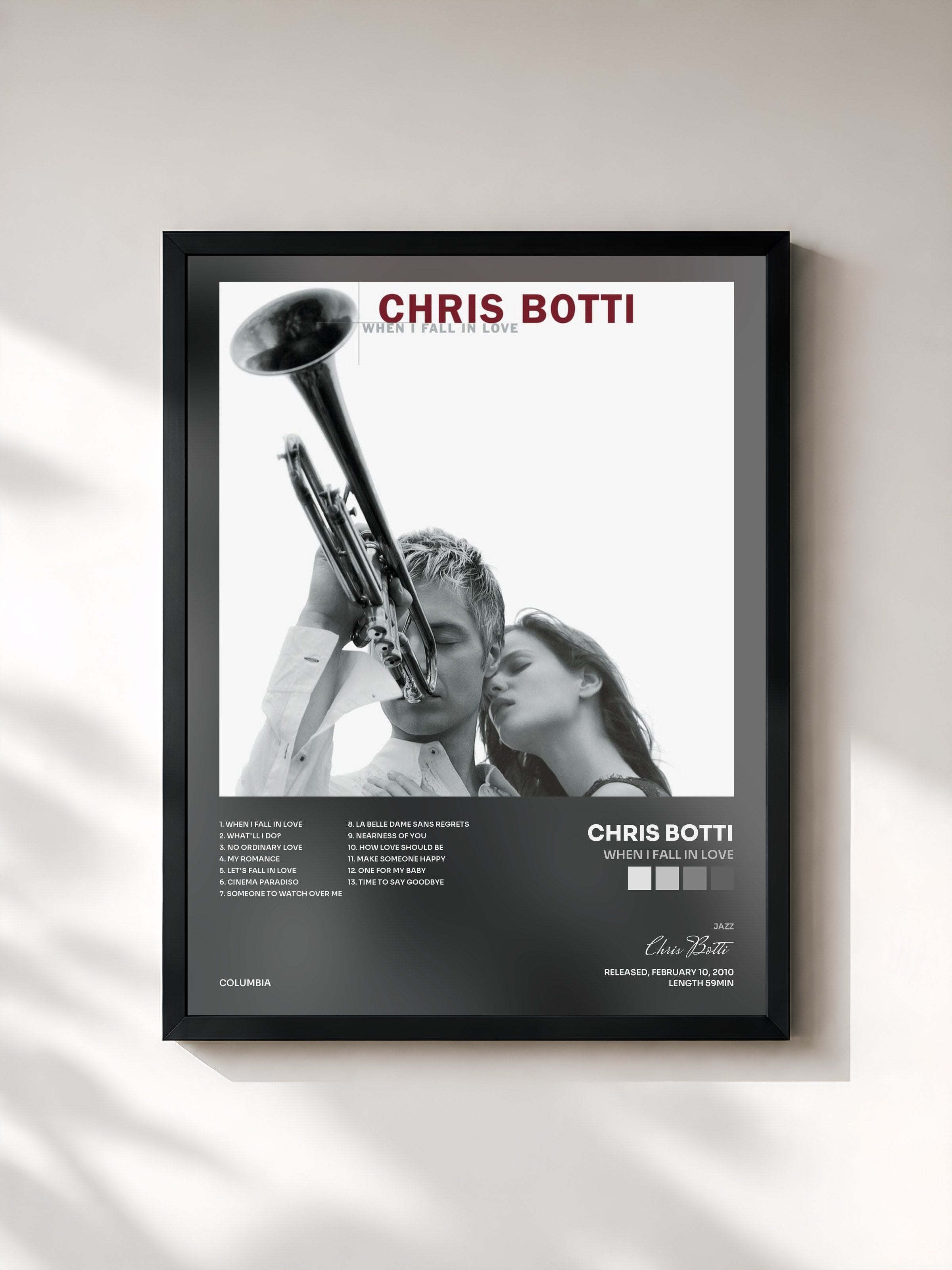 #noir Tableau de l'album When I Fall In Love de Chris Botti, cadre noir, imprimé et encadré en France