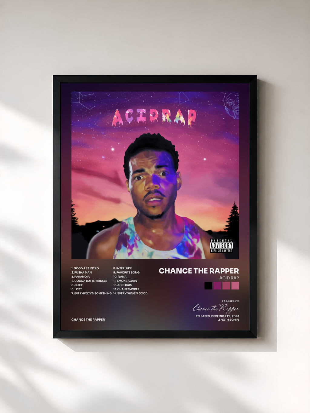 #noir Tableau de l'album Acid Rap de Chance the Rapper, cadre noir, imprimé et encadré en France