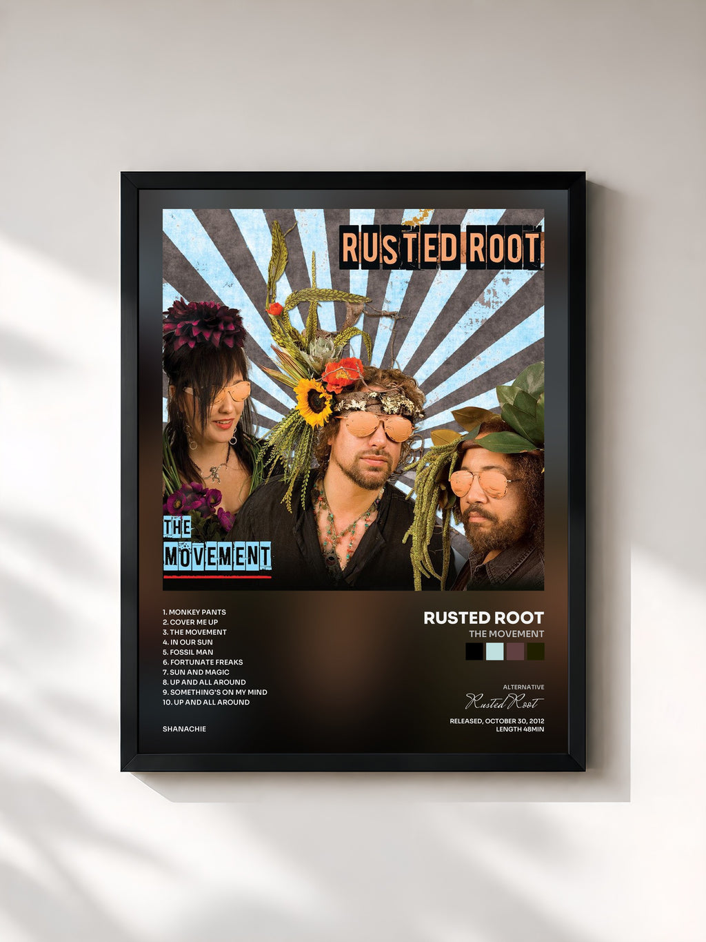 #noir Tableau de l'album The Movement de Rusted Root, cadre noir, imprimé et encadré en France
