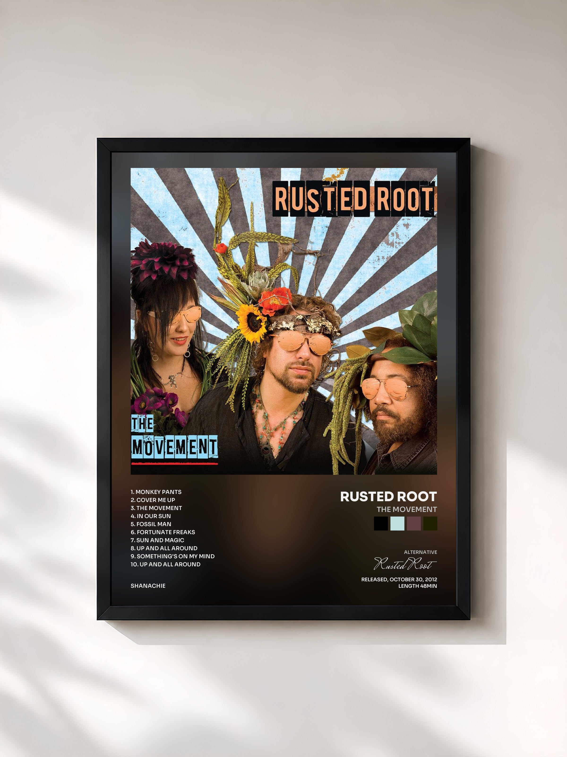 #noir Tableau de l'album The Movement de Rusted Root, cadre noir, imprimé et encadré en France