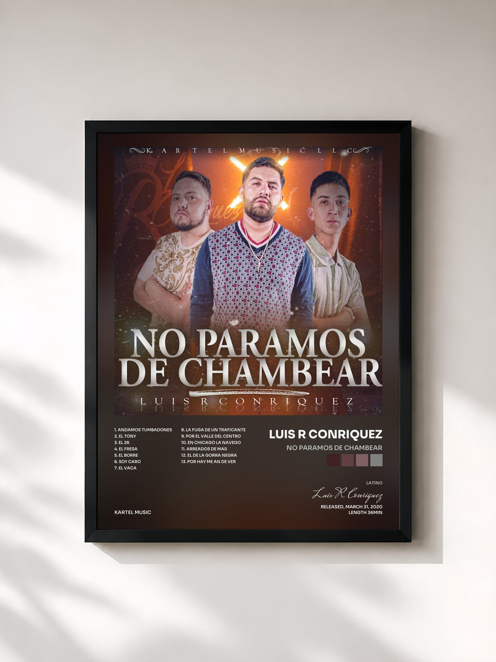 #noir Tableau de l'album No Paramos de Chambear de Luis R Conriquez, cadre noir, imprimé et encadré en France