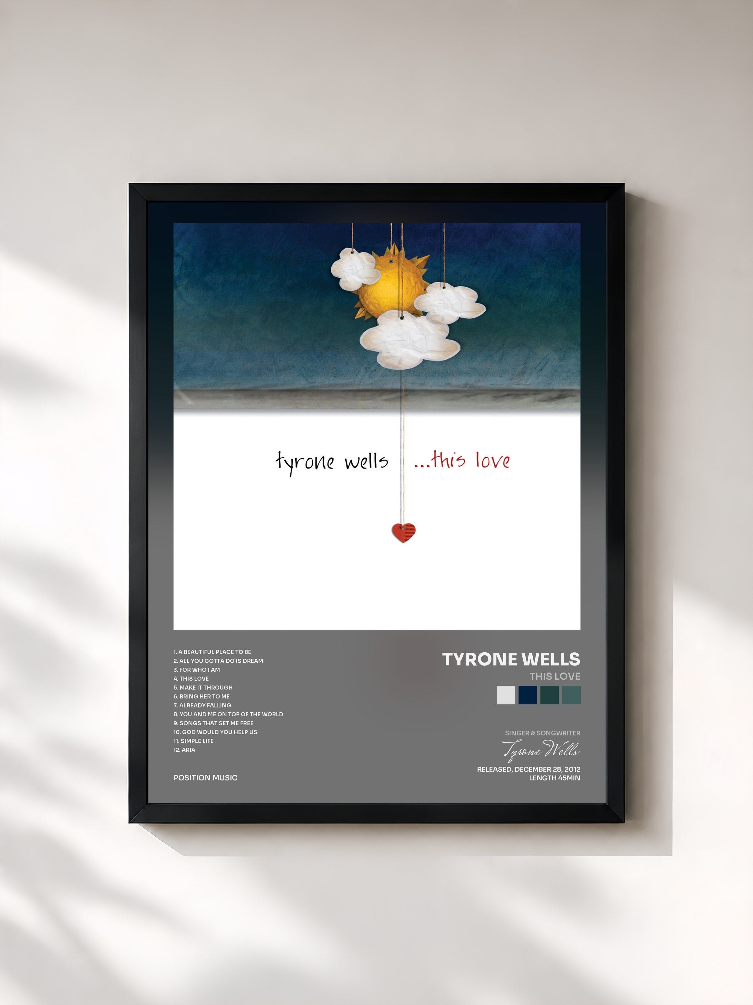 #noir Tableau de l'album This Love de Tyrone Wells, cadre noir, imprimé et encadré en France