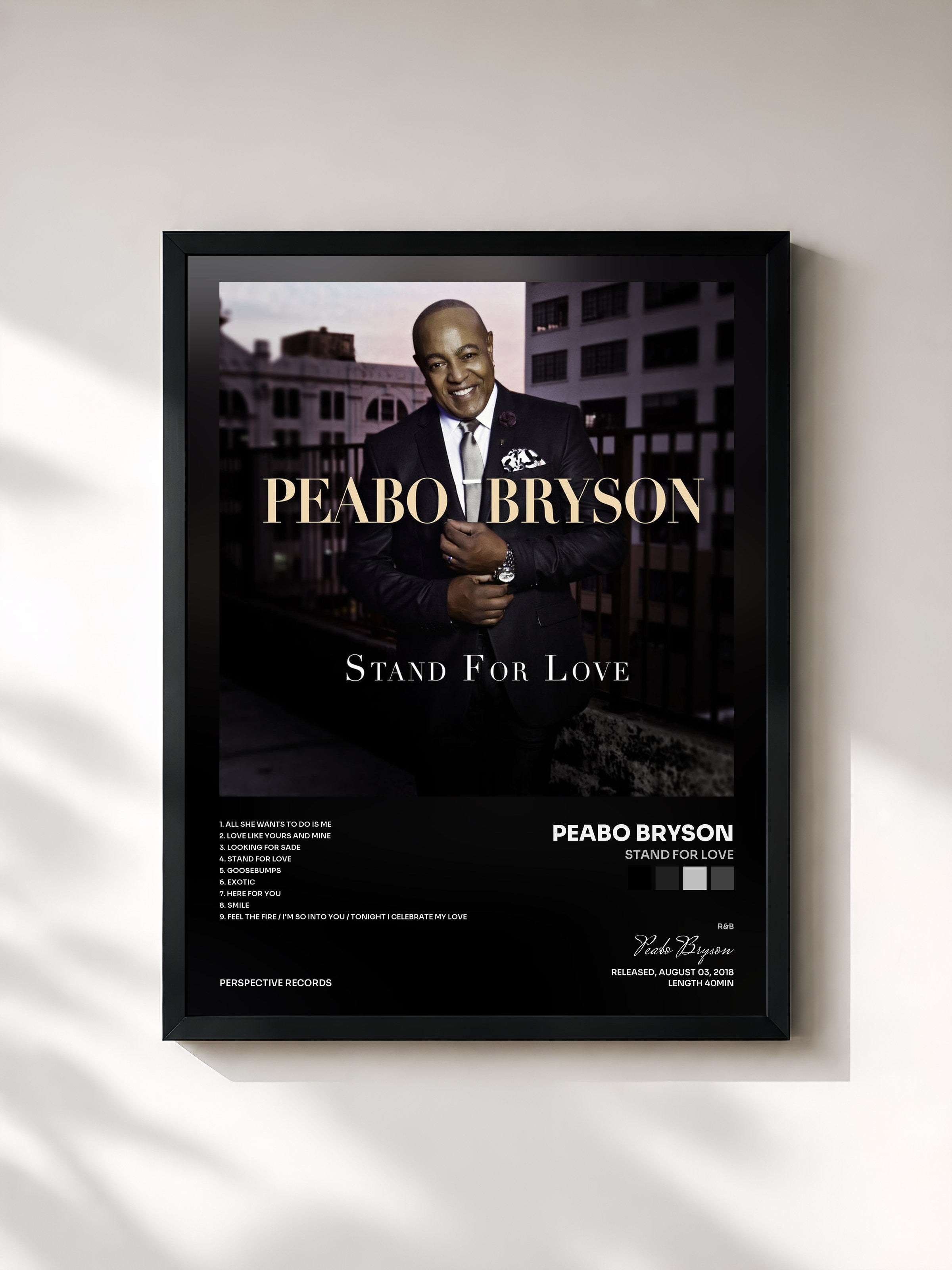 #noir Tableau de l'album Stand For Love de Peabo Bryson, cadre noir, imprimé et encadré en France