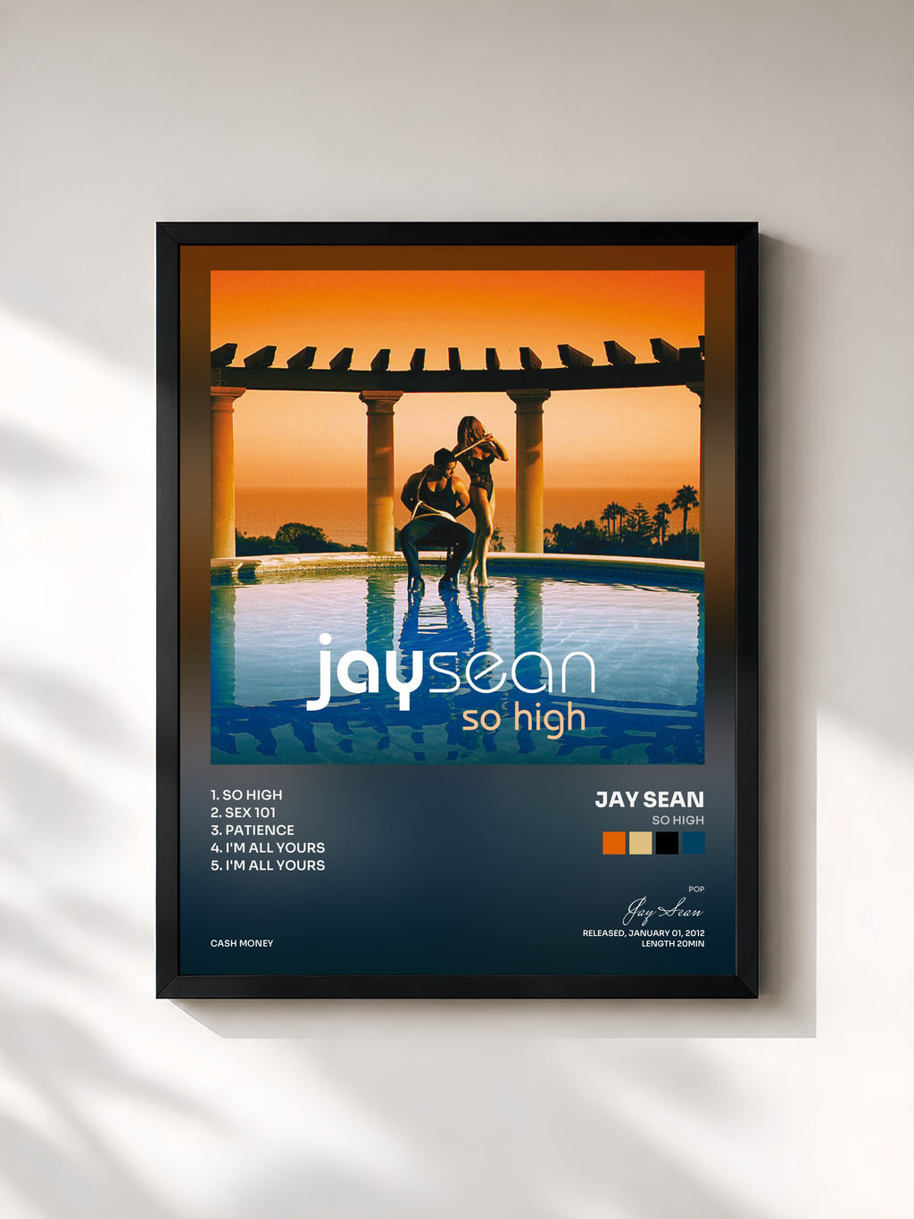 #noir Tableau de l'album So High de Jay Sean, cadre noir, imprimé et encadré en France