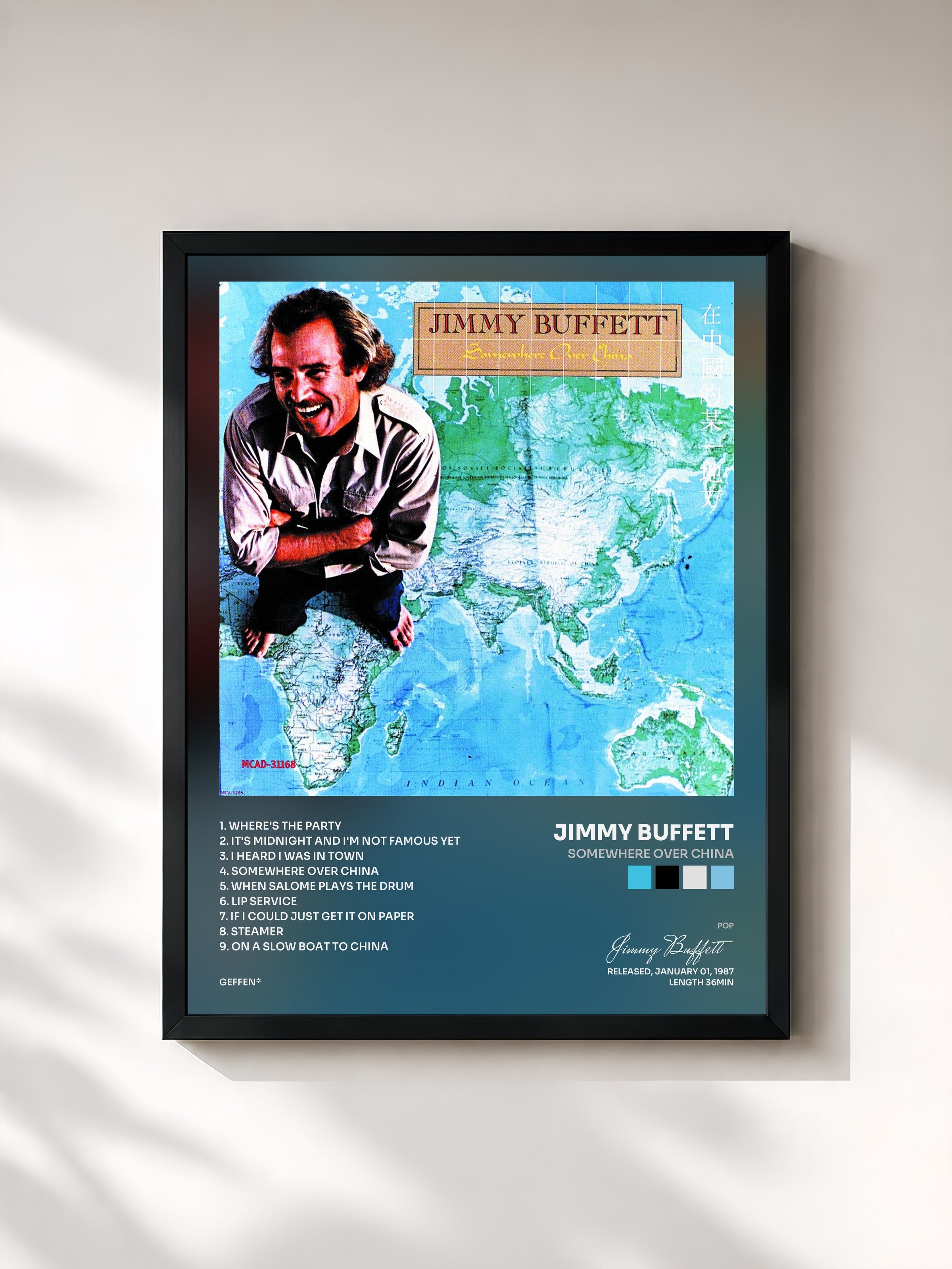 #noir Tableau de l'album Somewhere Over China de Jimmy Buffett, cadre noir, imprimé et encadré en France