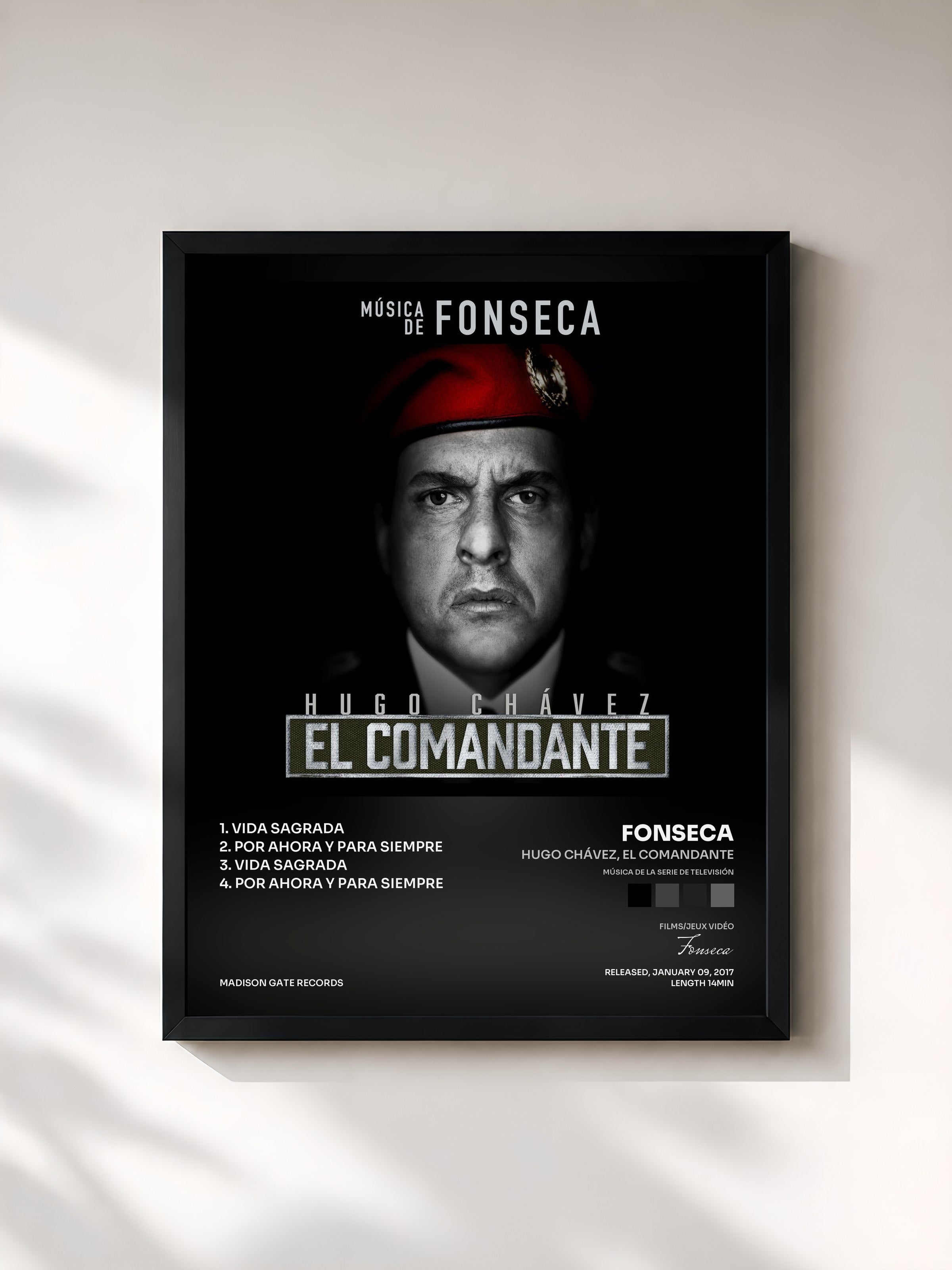 #noir Tableau de l'album Hugo Chávez, El Comandante (Música de la Serie de Televisión) de Fonseca, cadre noir, imprimé et encadré en France