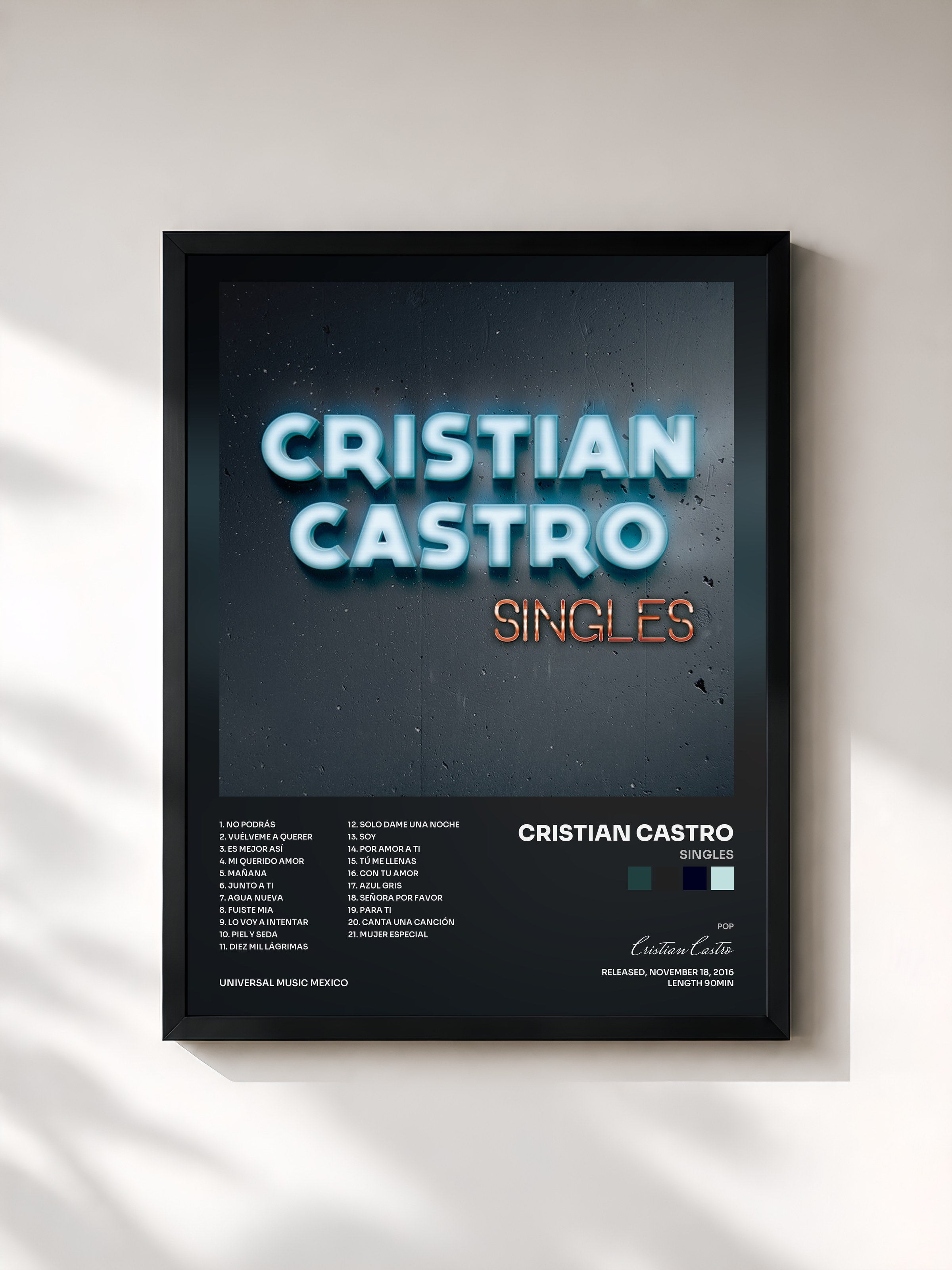 #noir Tableau de l'album Singles de Cristian Castro, cadre noir, imprimé et encadré en France