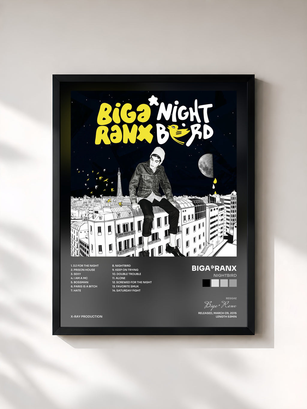 #noir Tableau de l'album Nightbird de Biga*Ranx, cadre noir, imprimé et encadré en France