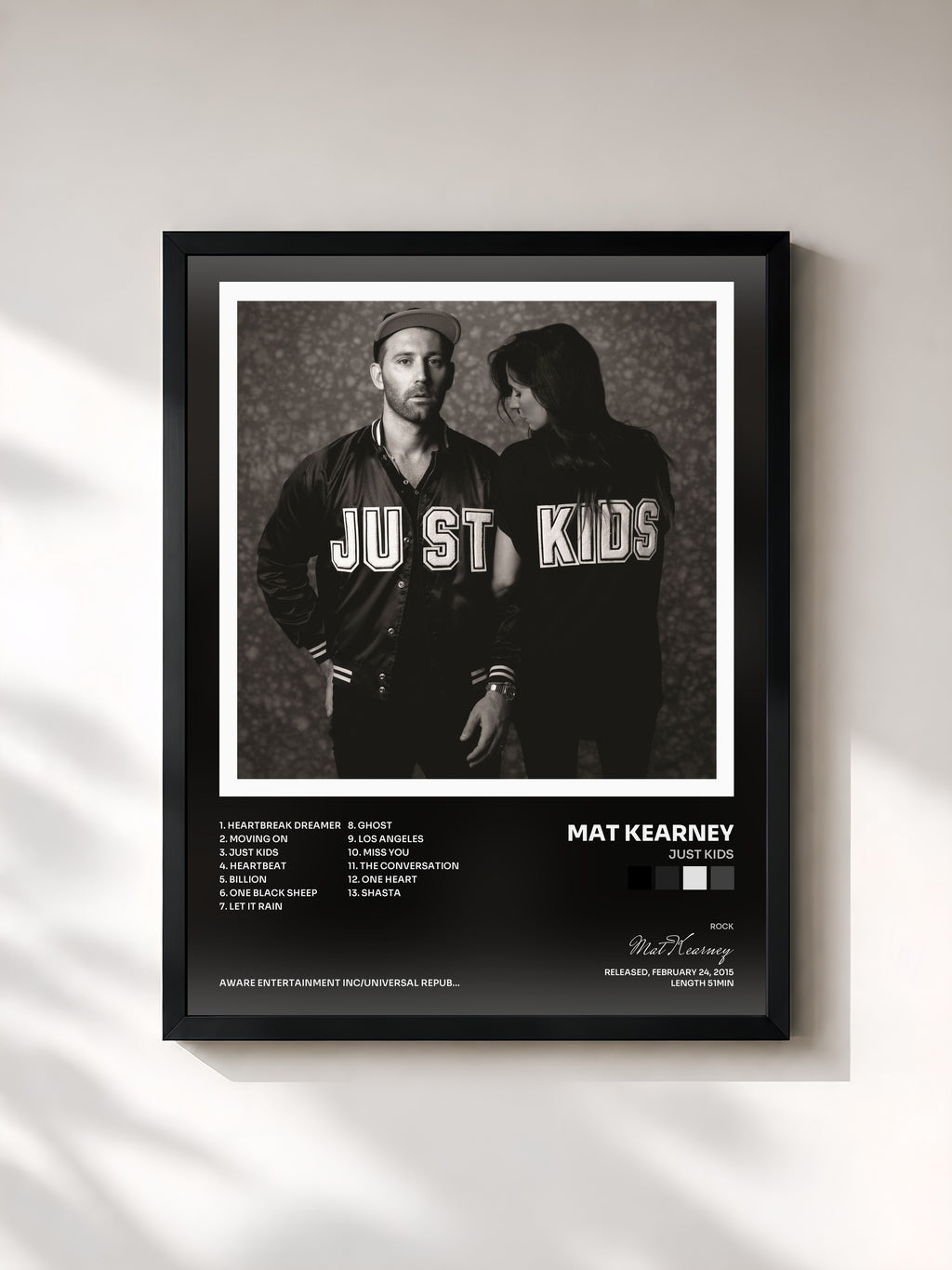#noir Tableau de l'album JUST KIDS de Mat Kearney, cadre noir, imprimé et encadré en France