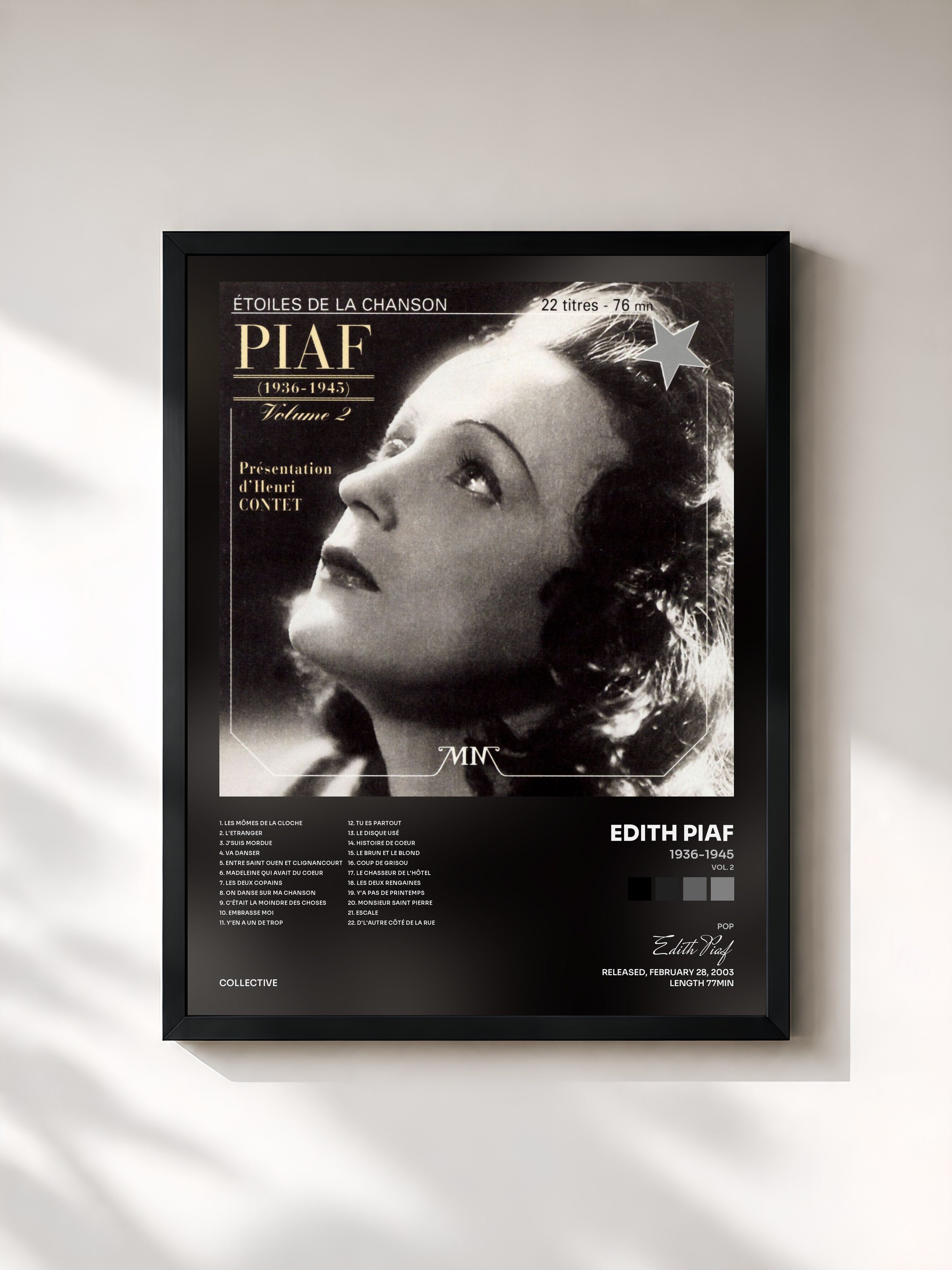 #noir Tableau de l'album 1936-1945 (Vol. 2) de Edith Piaf, cadre noir, imprimé et encadré en France