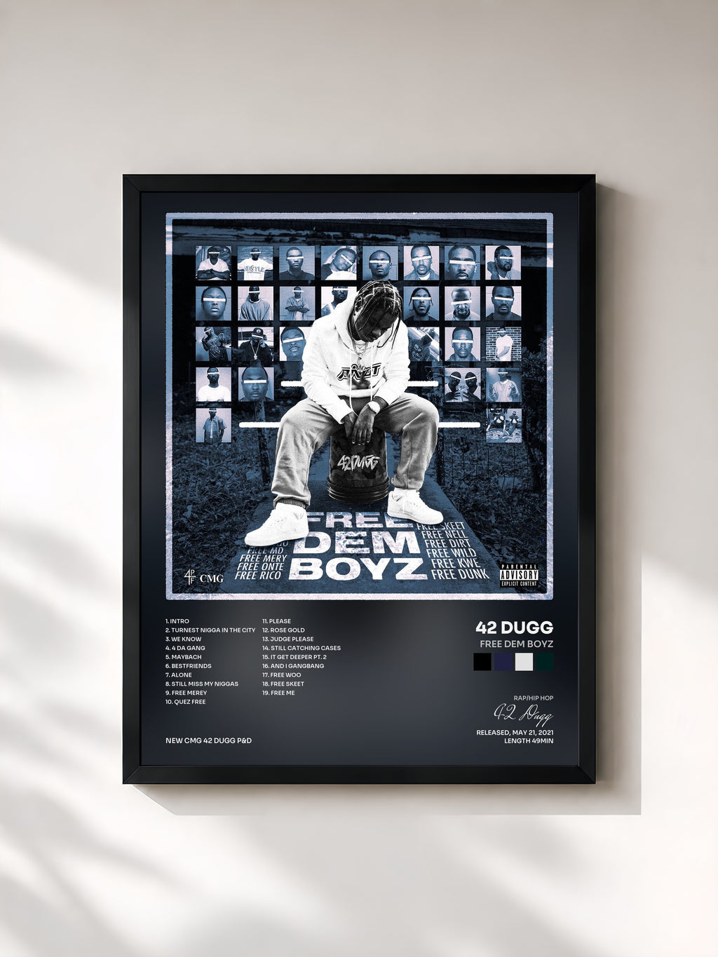 #noir Tableau de l'album Free Dem Boyz de 42 Dugg, cadre noir, imprimé et encadré en France