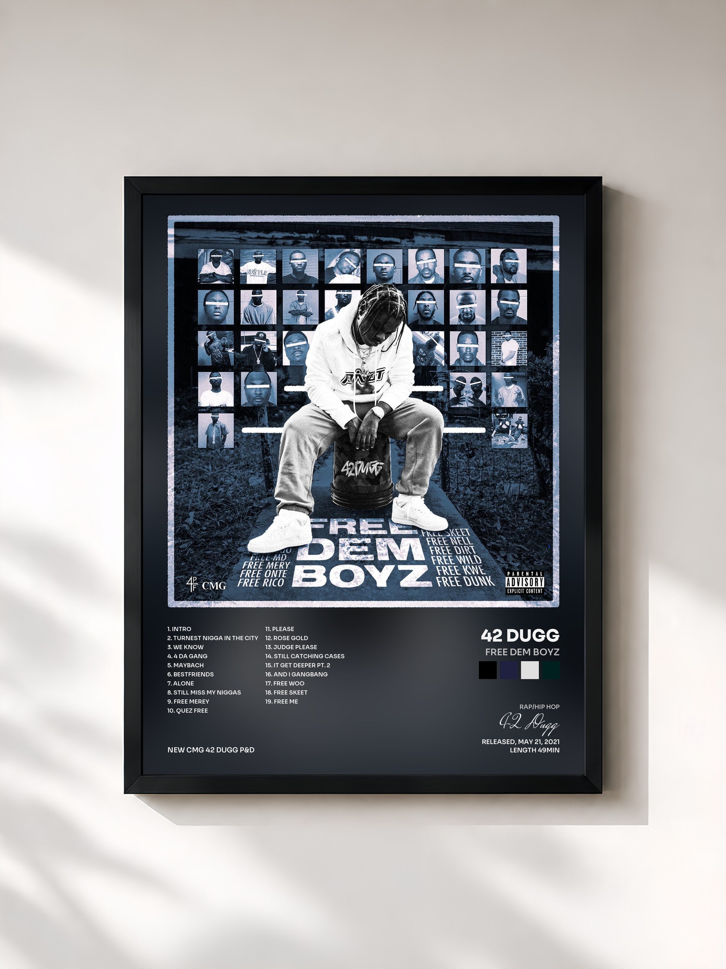 #noir Tableau de l'album Free Dem Boyz de 42 Dugg, cadre noir, imprimé et encadré en France