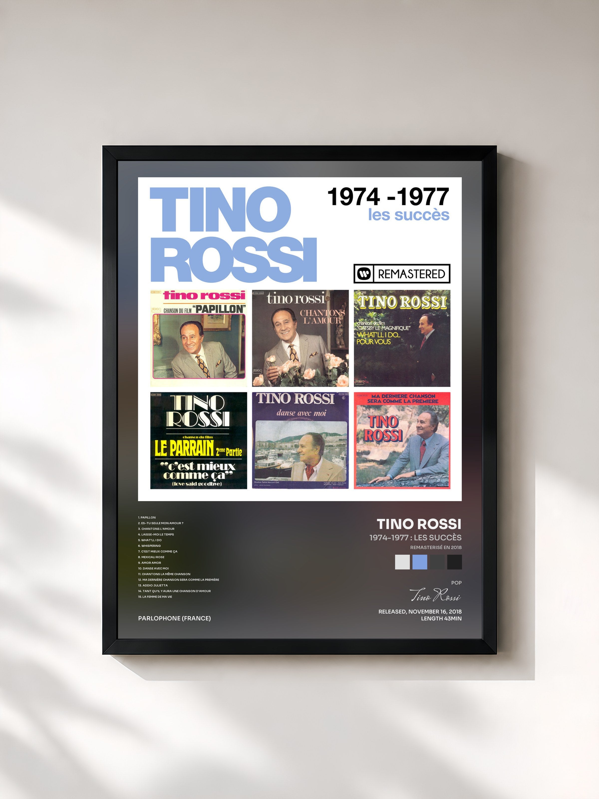 #noir Tableau de l'album 1974-1977 : Les succès (Remasterisé en 2018) de Tino Rossi, cadre noir, imprimé et encadré en France