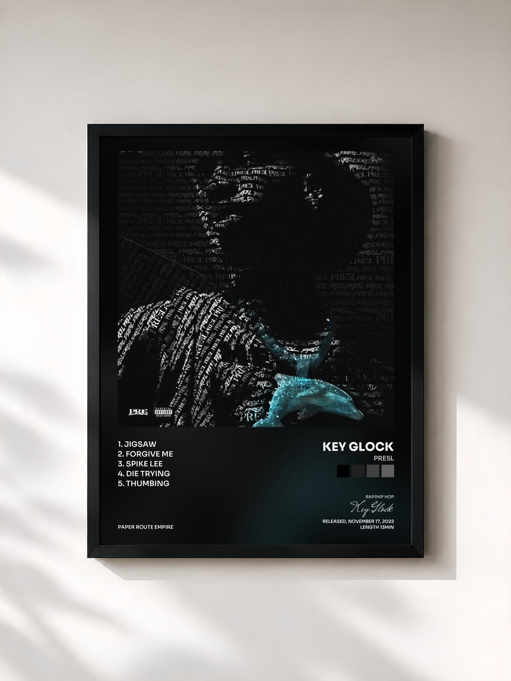 #noir Tableau de l'album PRE5L de Key Glock, cadre noir, imprimé et encadré en France