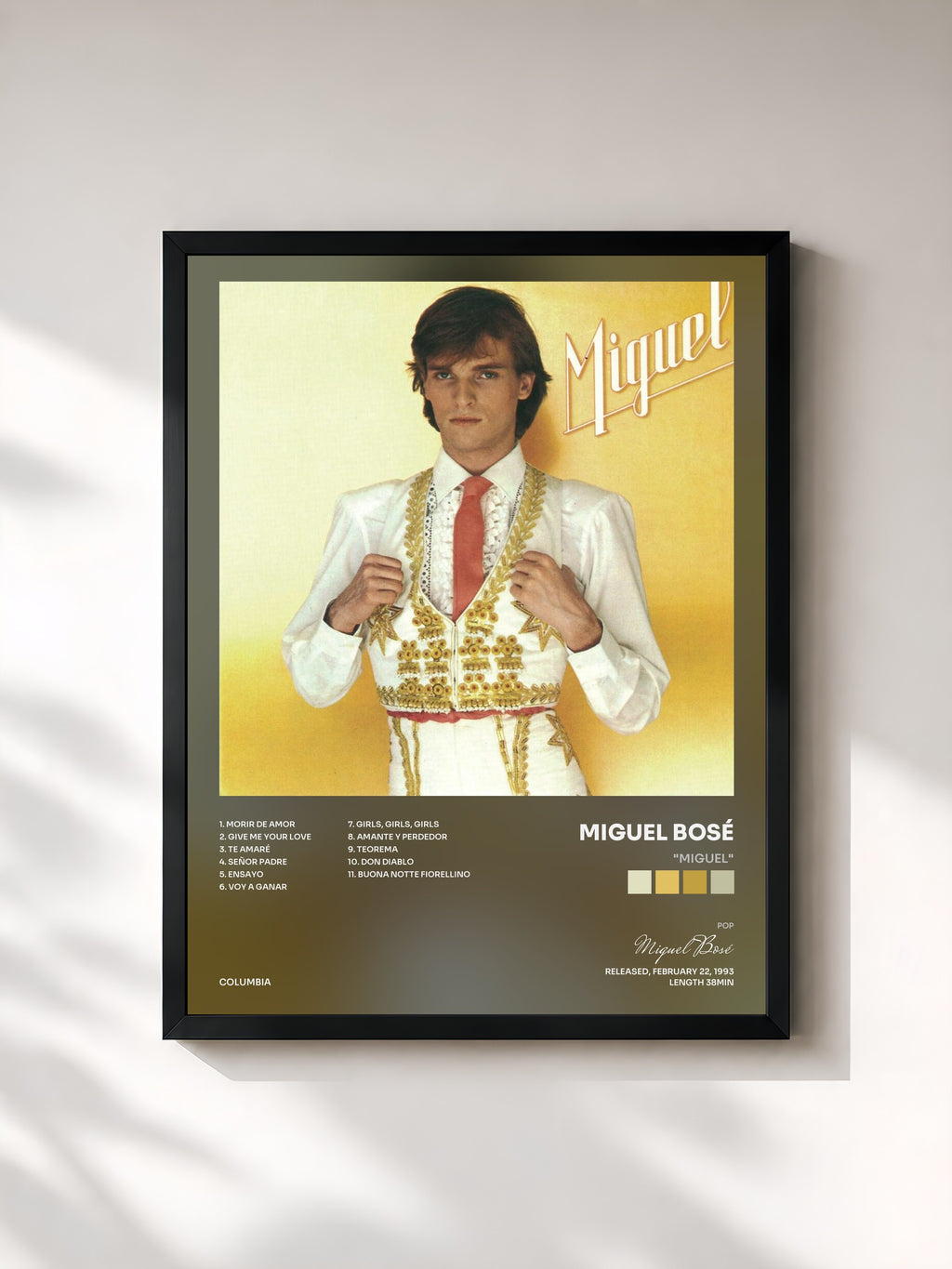 #noir Tableau de l'album "Miguel" de Miguel Bosé, cadre noir, imprimé et encadré en France