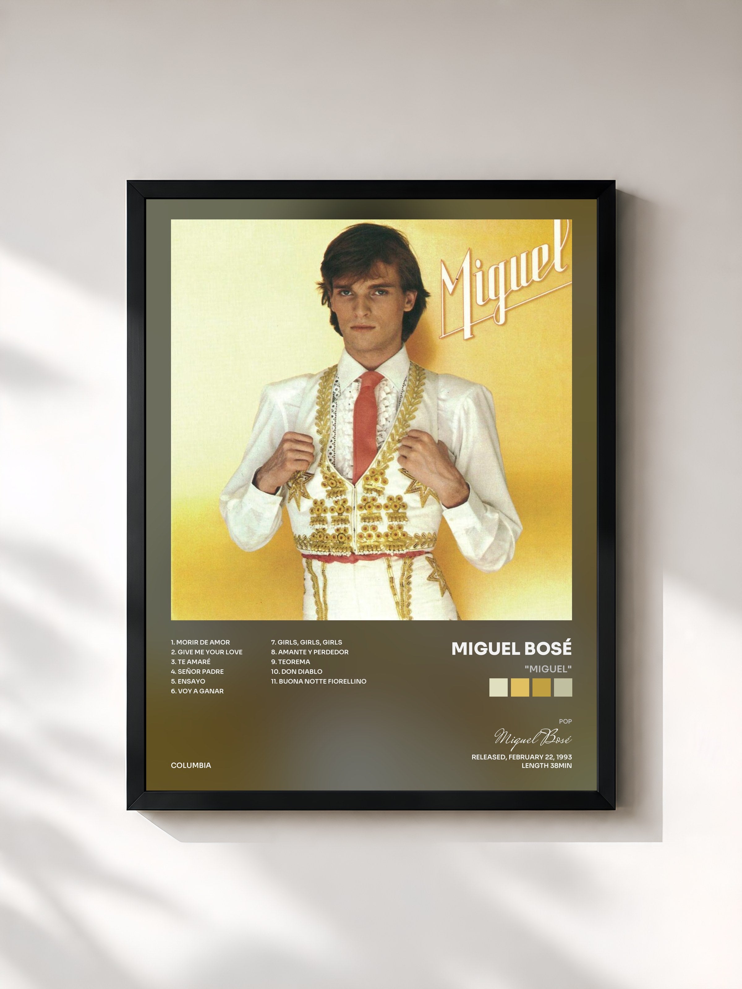 #noir Tableau de l'album "Miguel" de Miguel Bosé, cadre noir, imprimé et encadré en France