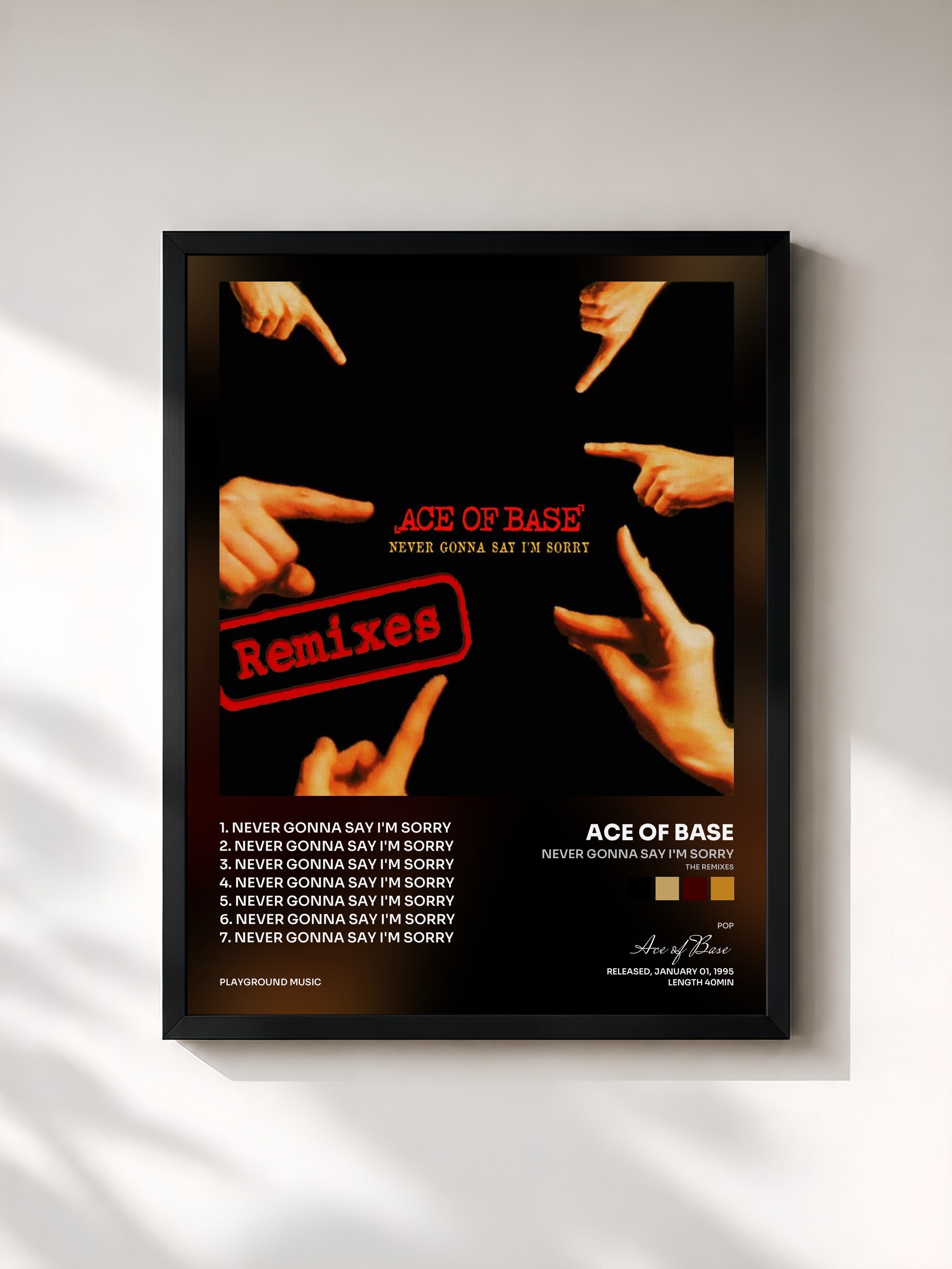 #noir Tableau de l'album Never Gonna Say I'm Sorry (The Remixes) de Ace of Base, cadre noir, imprimé et encadré en France