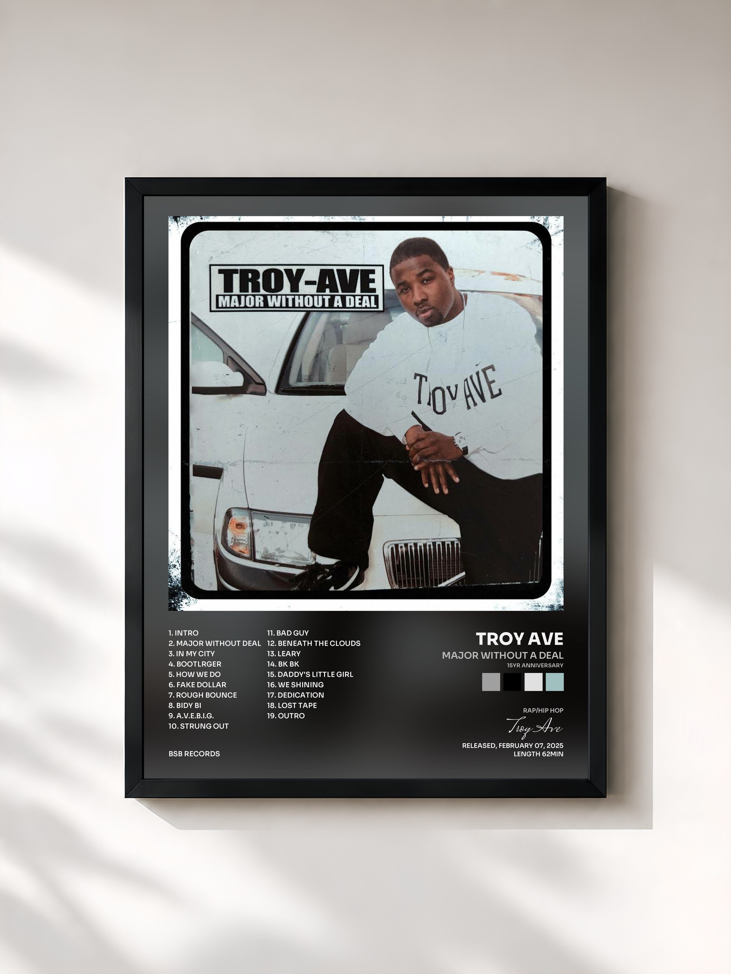 #noir Tableau de l'album Major Without A Deal (15yr Anniversary) de Troy Ave, cadre noir, imprimé et encadré en France