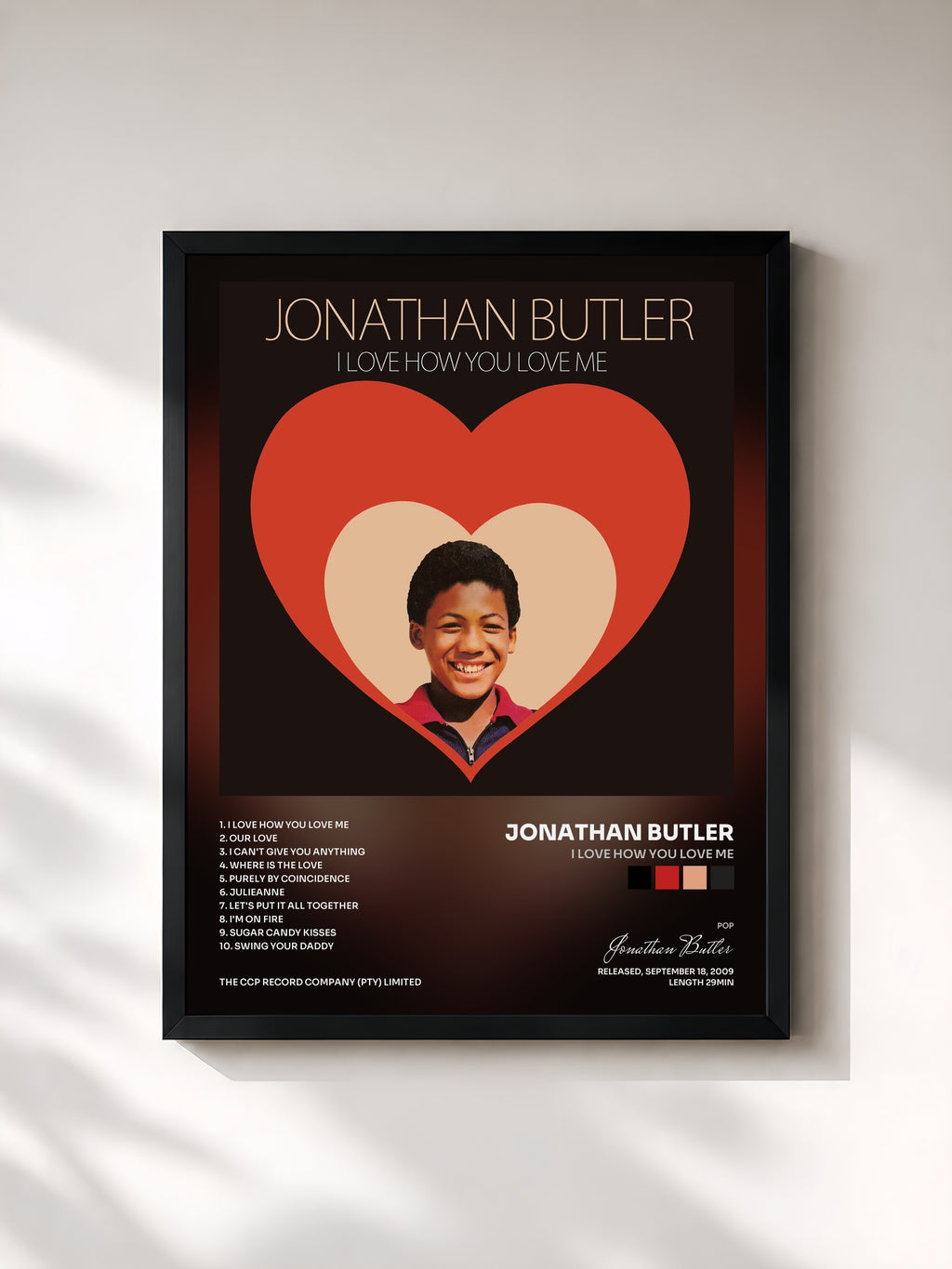 #noir Tableau de l'album I Love How You Love Me de Jonathan Butler, cadre noir, imprimé et encadré en France