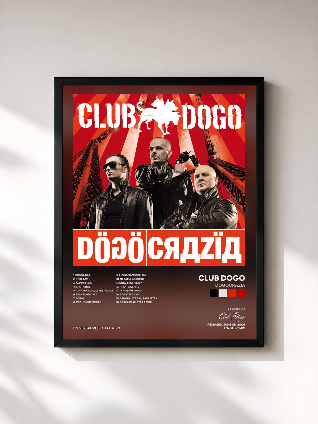 #noir Tableau de l'album Dogocrazia de Club Dogo, cadre noir, imprimé et encadré en France