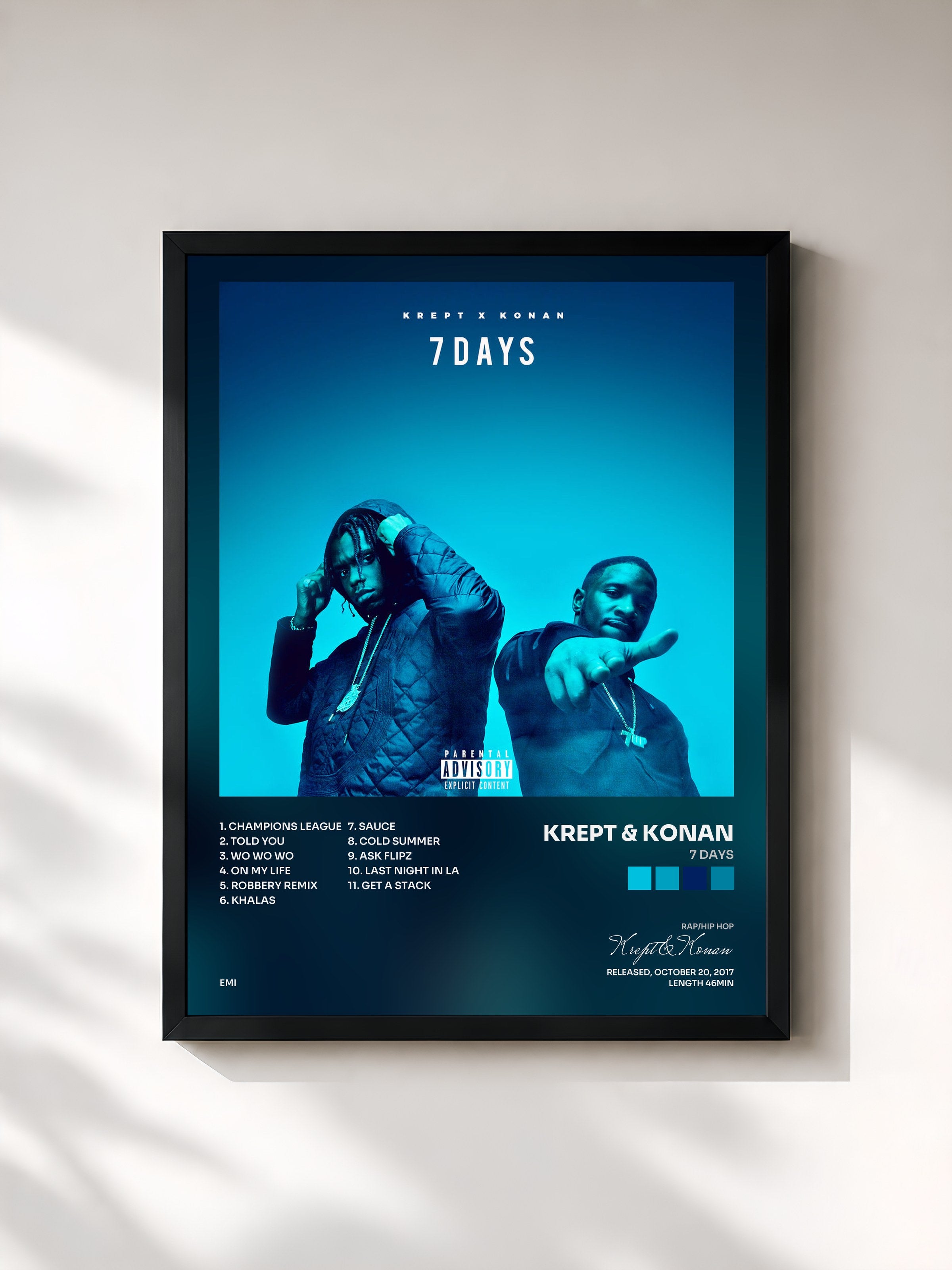 #noir Tableau de l'album 7 Days de Krept & Konan, cadre noir, imprimé et encadré en France