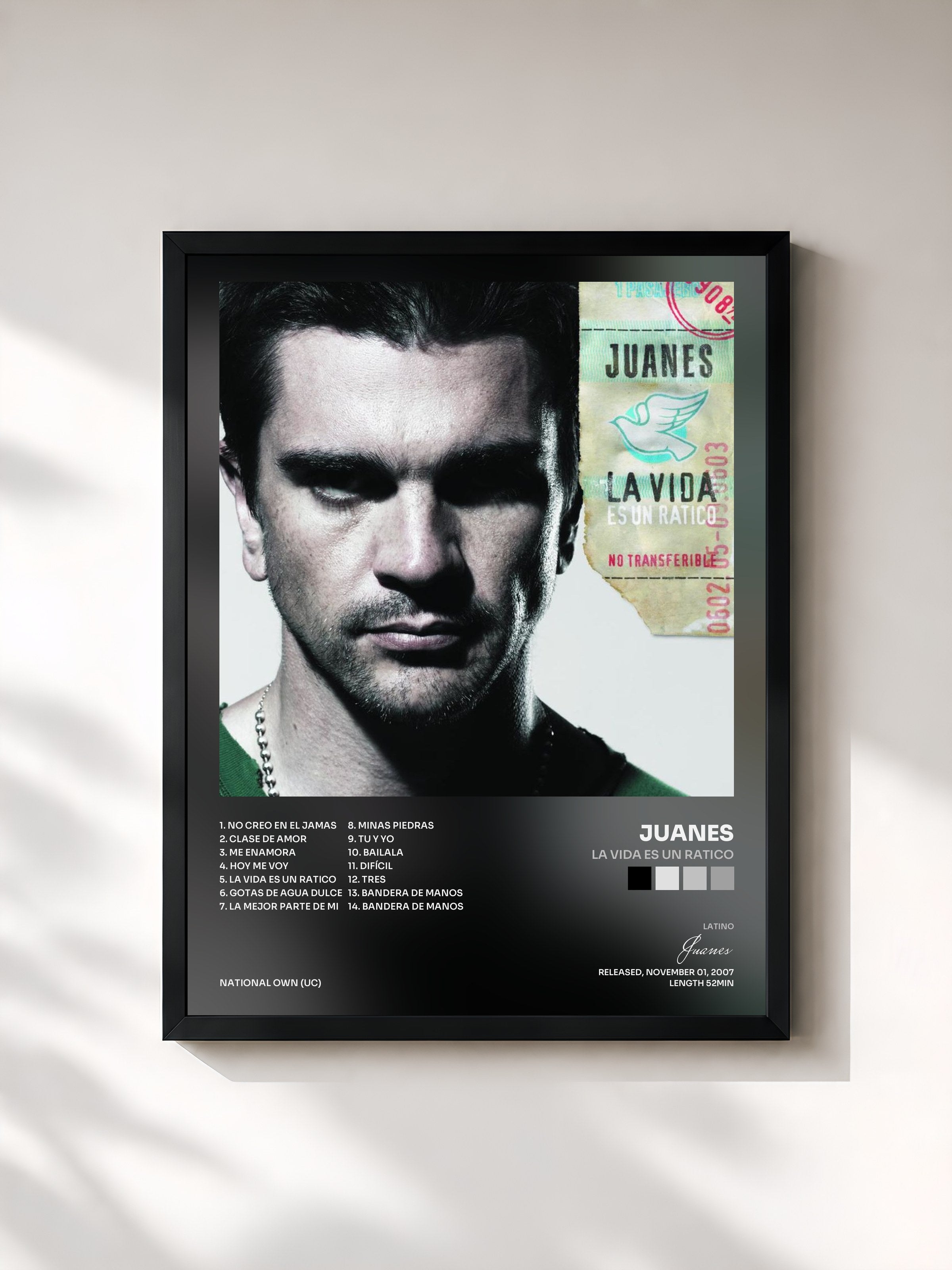 #noir Tableau de l'album La Vida Es Un Ratico de Juanes, cadre noir, imprimé et encadré en France