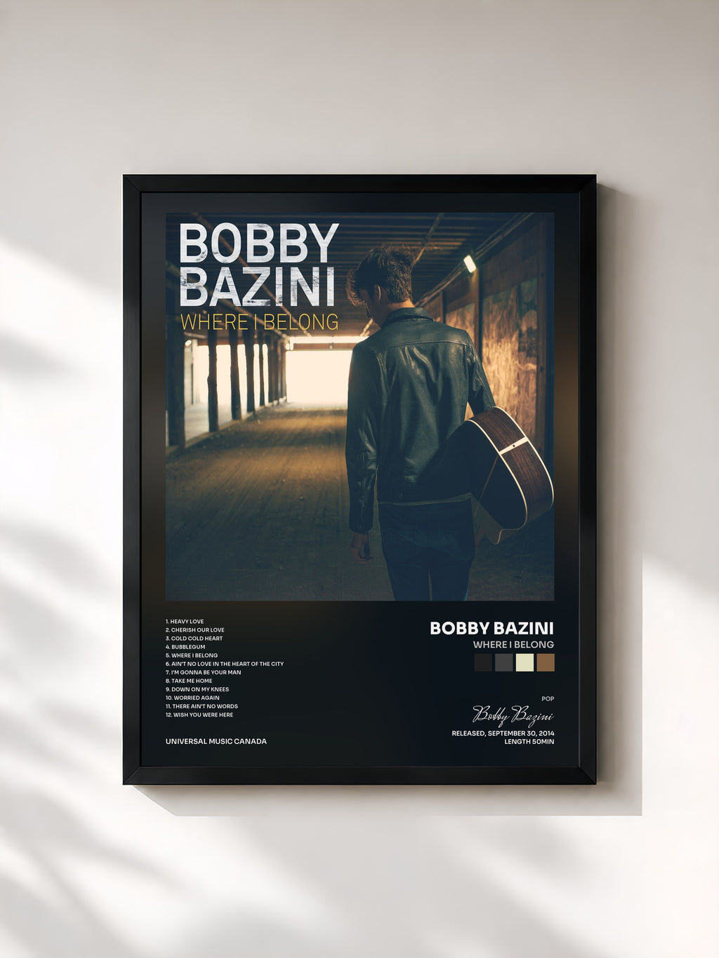 #noir Tableau de l'album Where I Belong de Bobby Bazini, cadre noir, imprimé et encadré en France