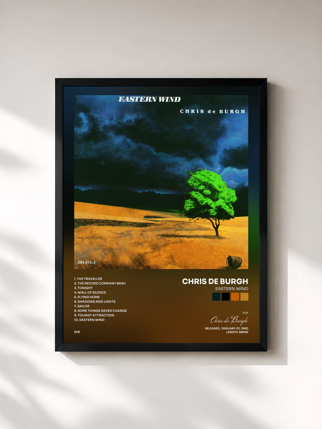 #noir Tableau de l'album Eastern Wind de Chris de Burgh, cadre noir, imprimé et encadré en France