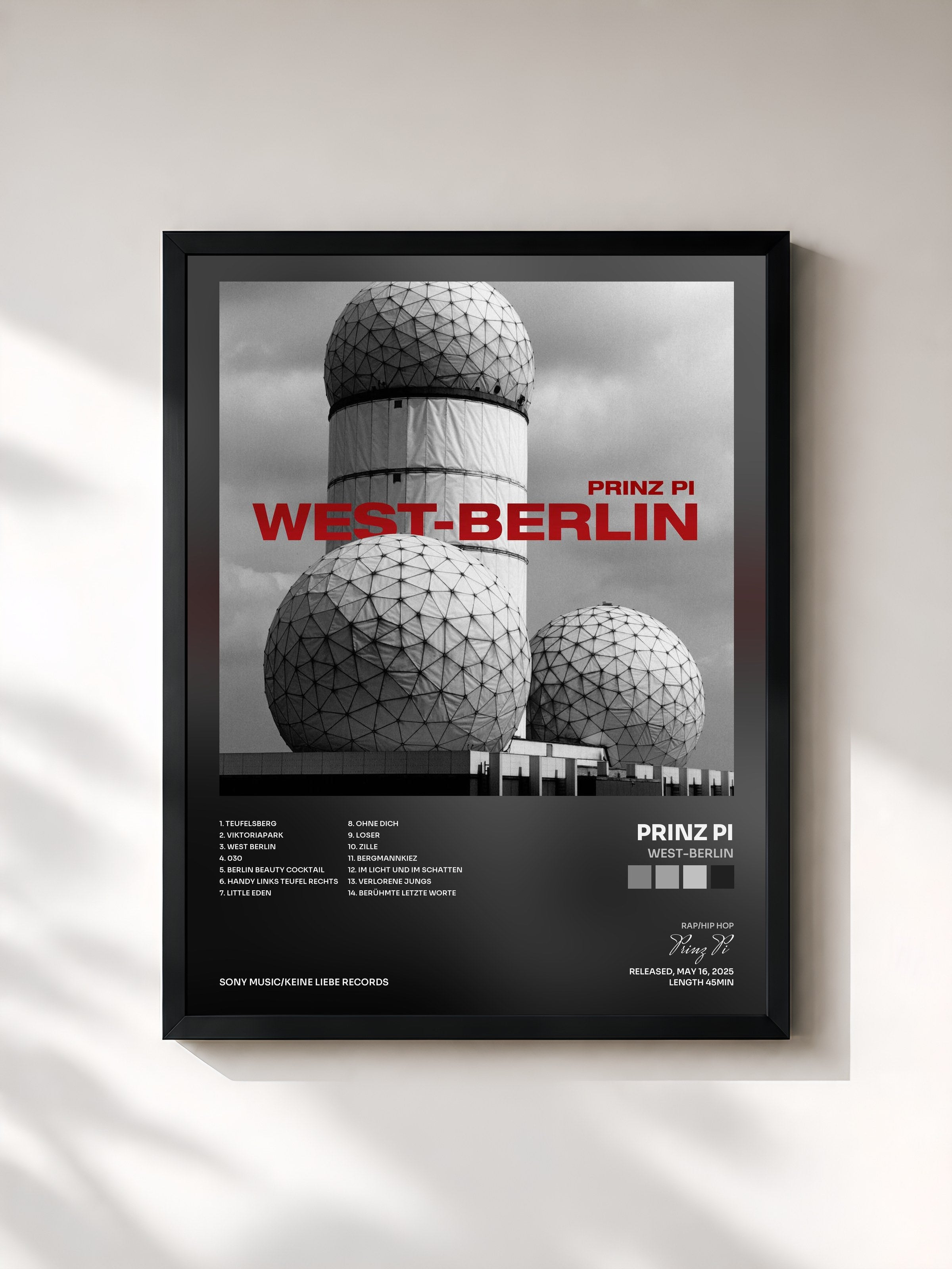 #noir Tableau de l'album WEST-BERLIN de Prinz Pi, cadre noir, imprimé et encadré en France