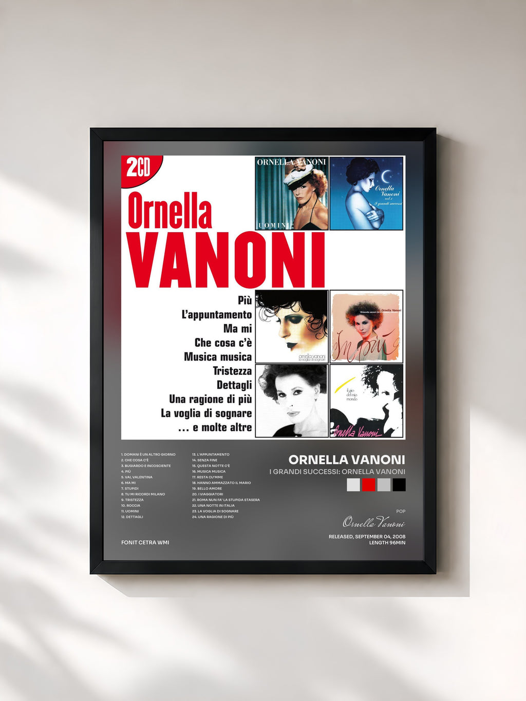 #noir Tableau de l'album I Grandi Successi: Ornella Vanoni de Ornella Vanoni, cadre noir, imprimé et encadré en France