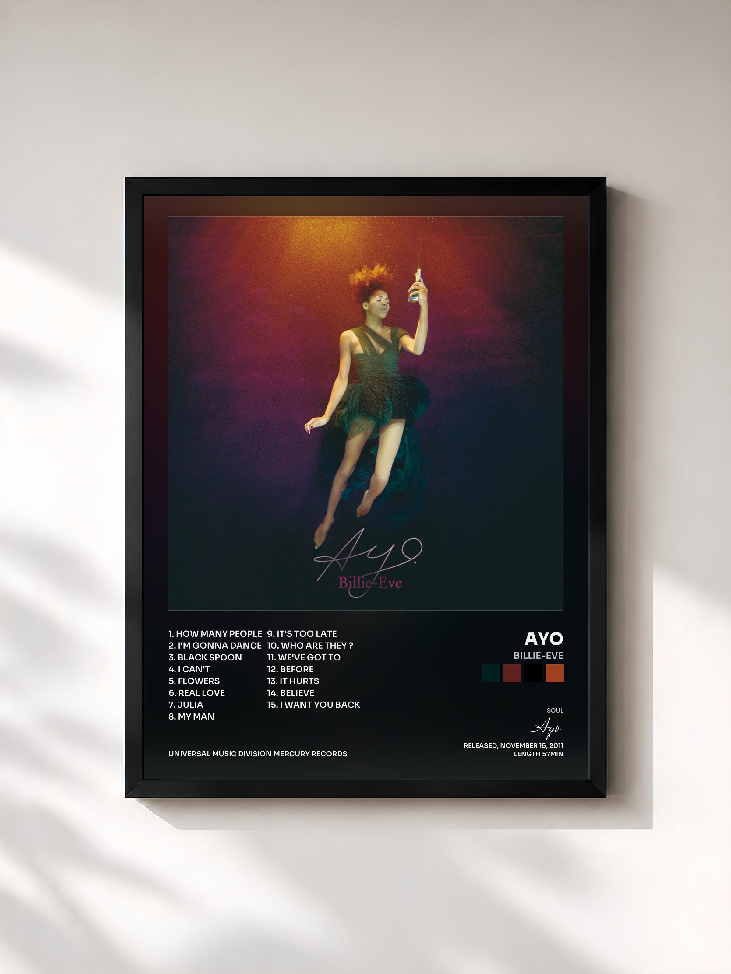 #noir Tableau de l'album Billie-Eve de Ayo, cadre noir, imprimé et encadré en France