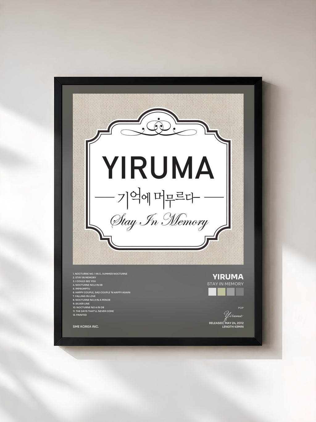 #noir Tableau de l'album Stay in Memory de Yiruma, cadre noir, imprimé et encadré en France