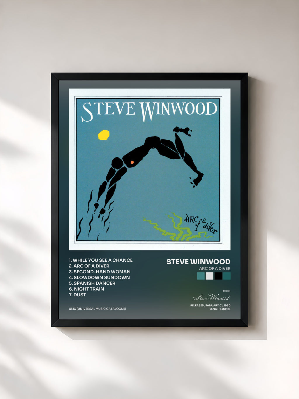 #noir Tableau de l'album Arc Of A Diver de Steve Winwood, cadre noir, imprimé et encadré en France