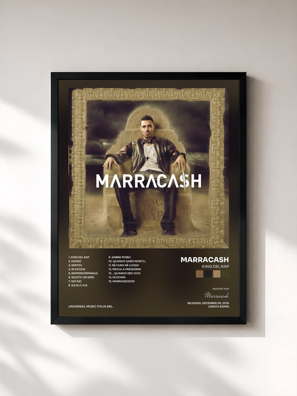 #noir Tableau de l'album King Del Rap de Marracash, cadre noir, imprimé et encadré en France