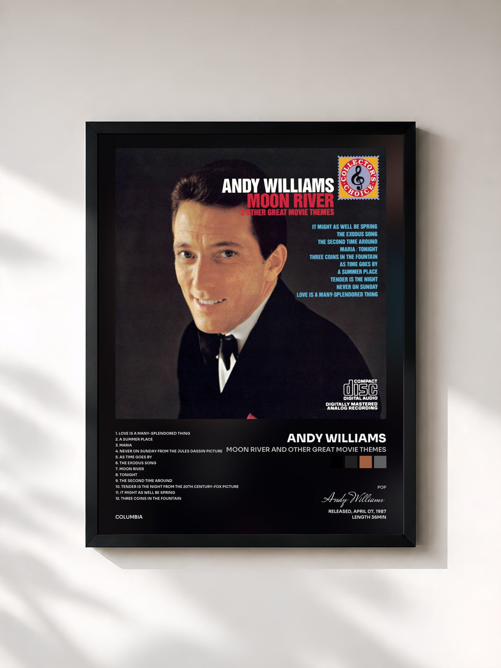 #noir Tableau de l'album Moon River And Other Great Movie Themes de Andy Williams, cadre noir, imprimé et encadré en France