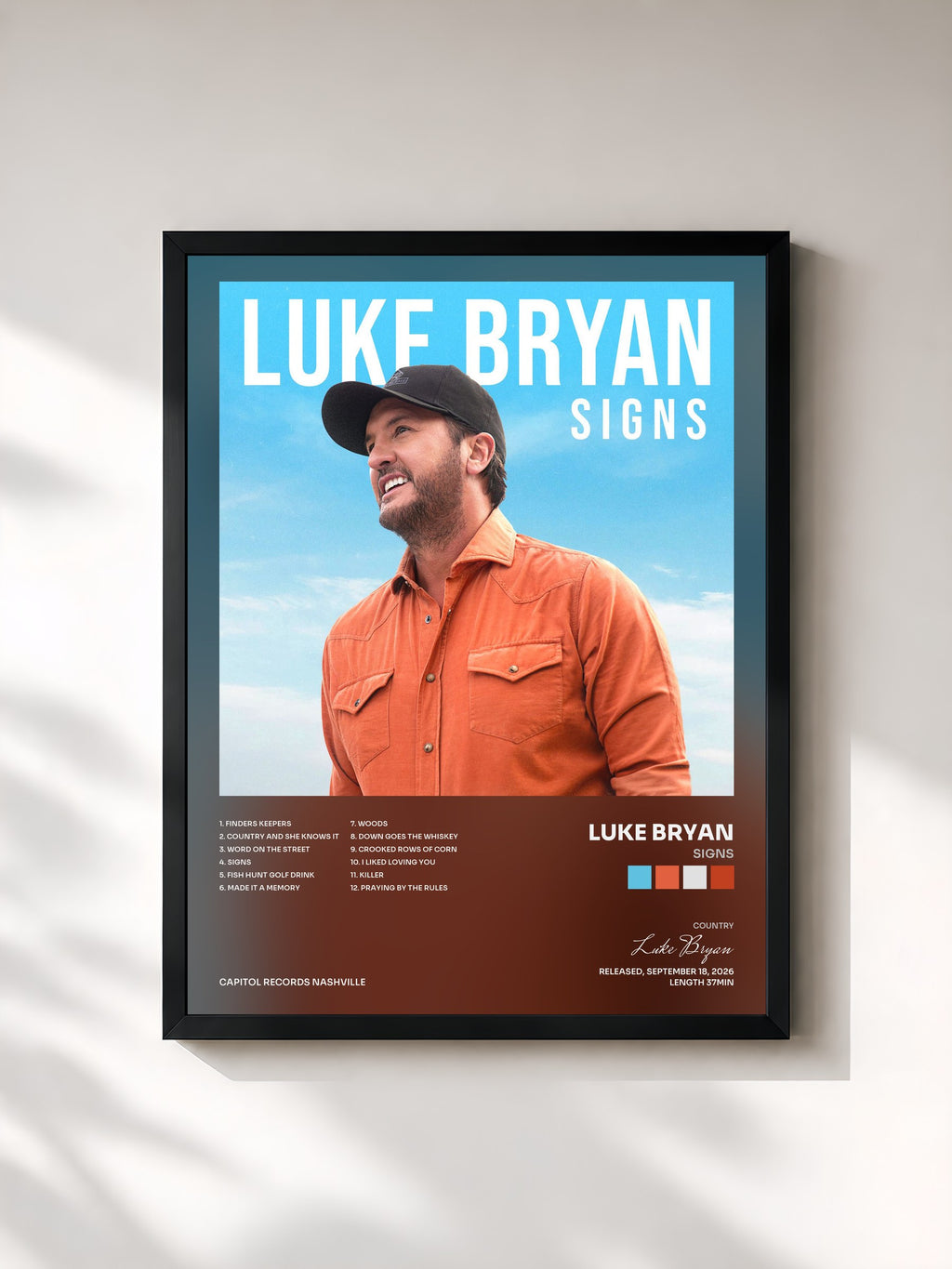 #noir Tableau de l'album Signs de Luke Bryan, cadre noir, imprimé et encadré en France