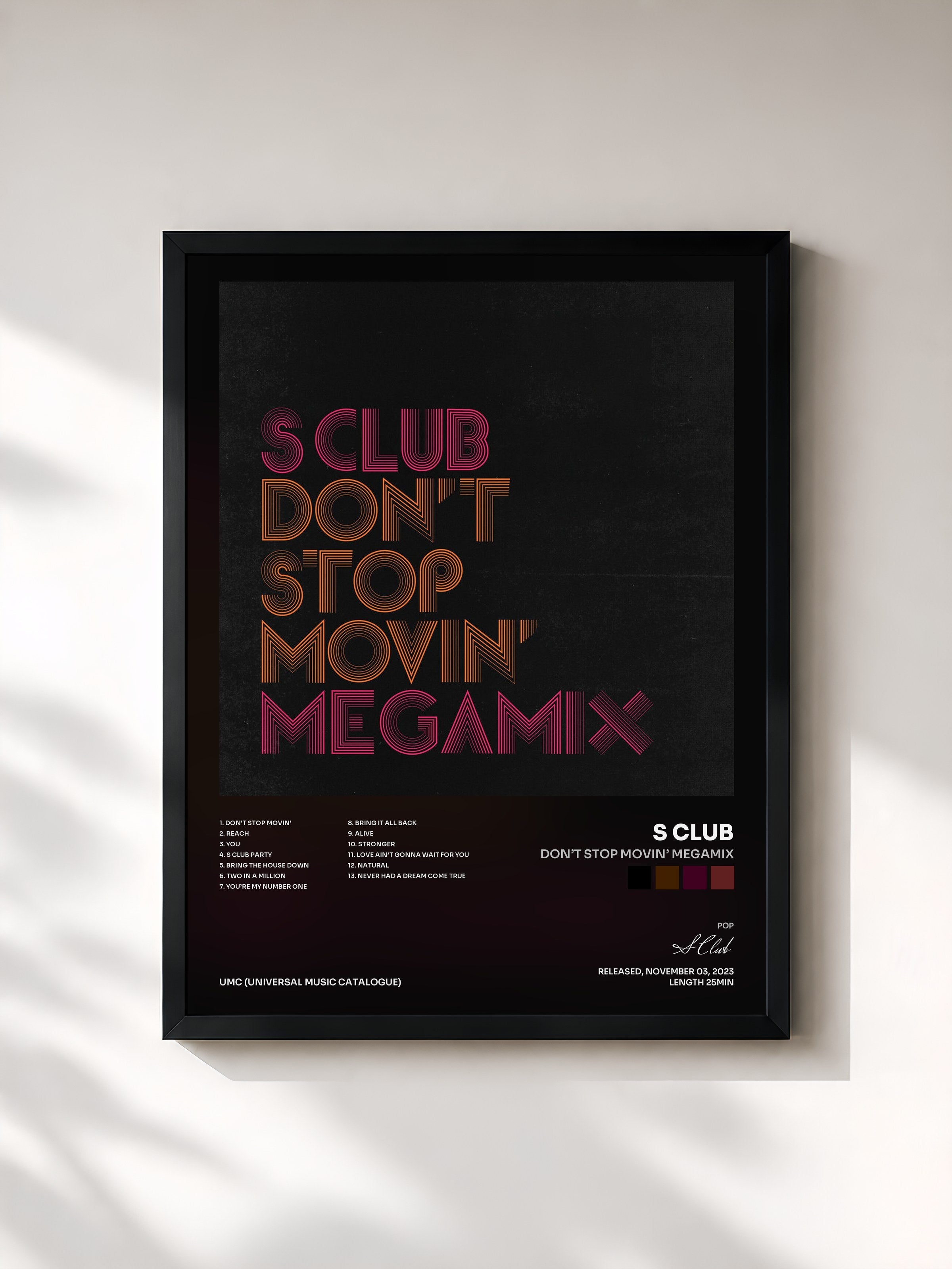 #noir Tableau de l'album Don’t Stop Movin’ Megamix de S Club, cadre noir, imprimé et encadré en France