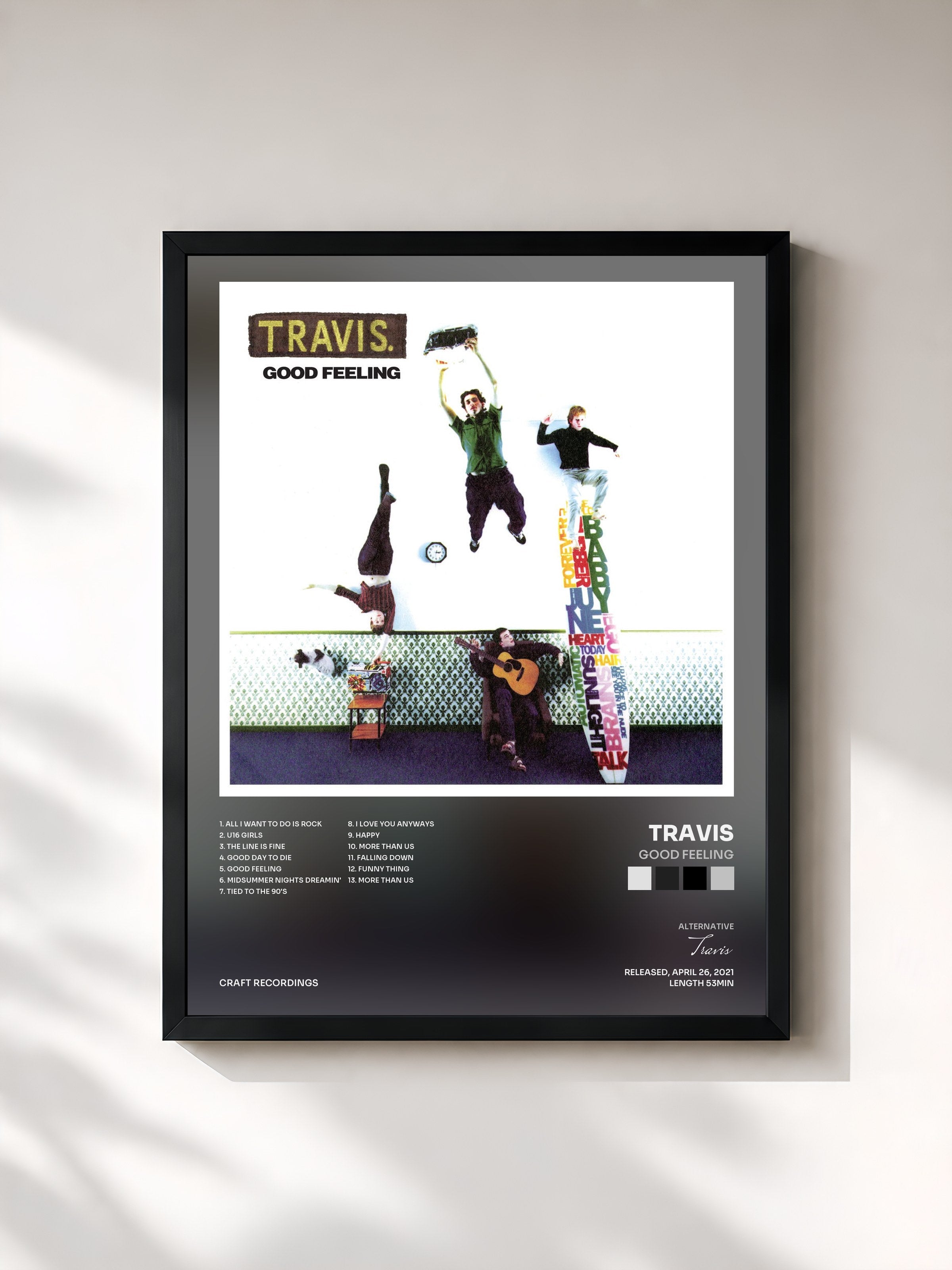 #noir Tableau de l'album Good Feeling de Travis, cadre noir, imprimé et encadré en France