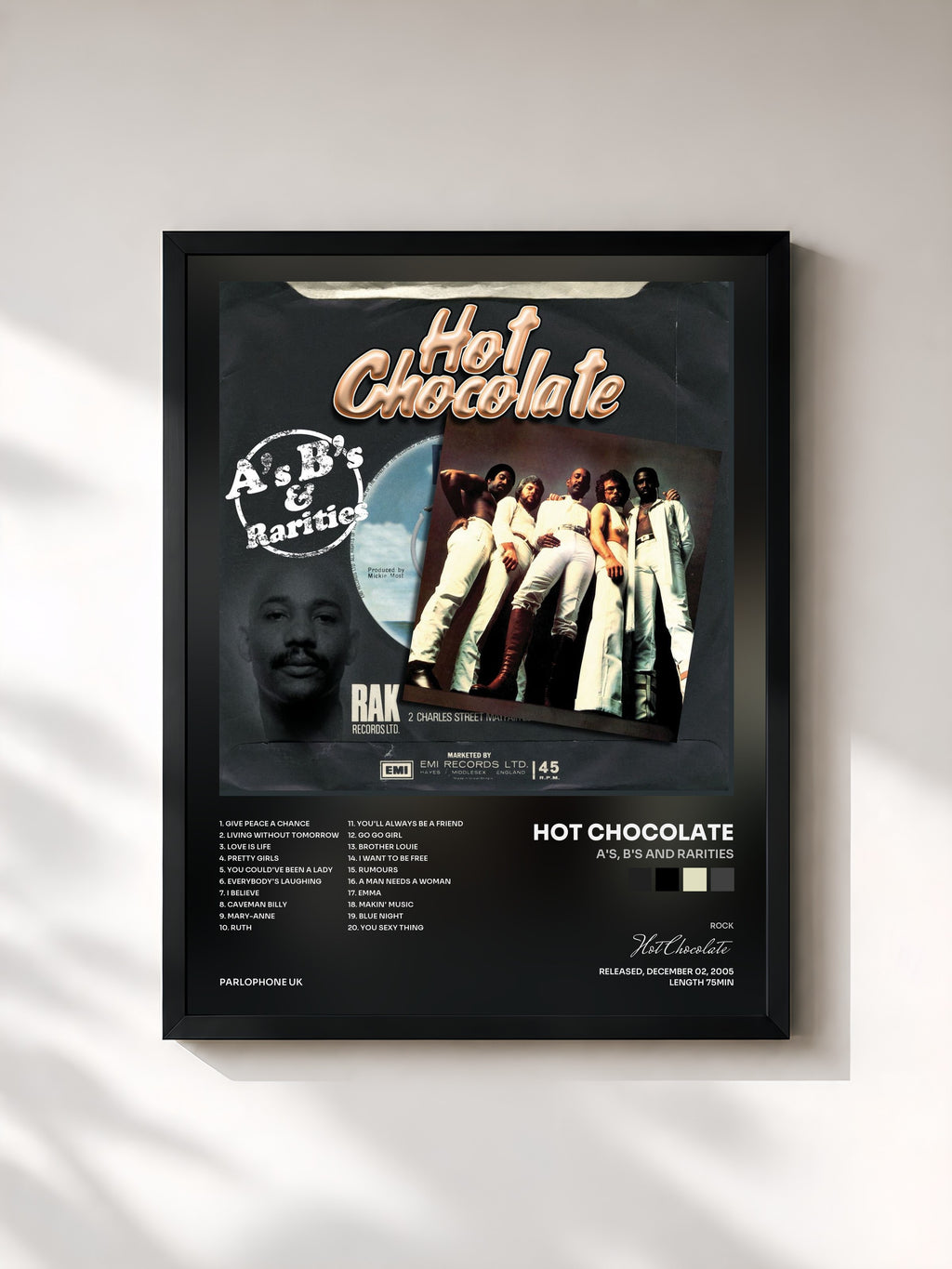 #noir Tableau de l'album A's, B's and Rarities de Hot Chocolate, cadre noir, imprimé et encadré en France