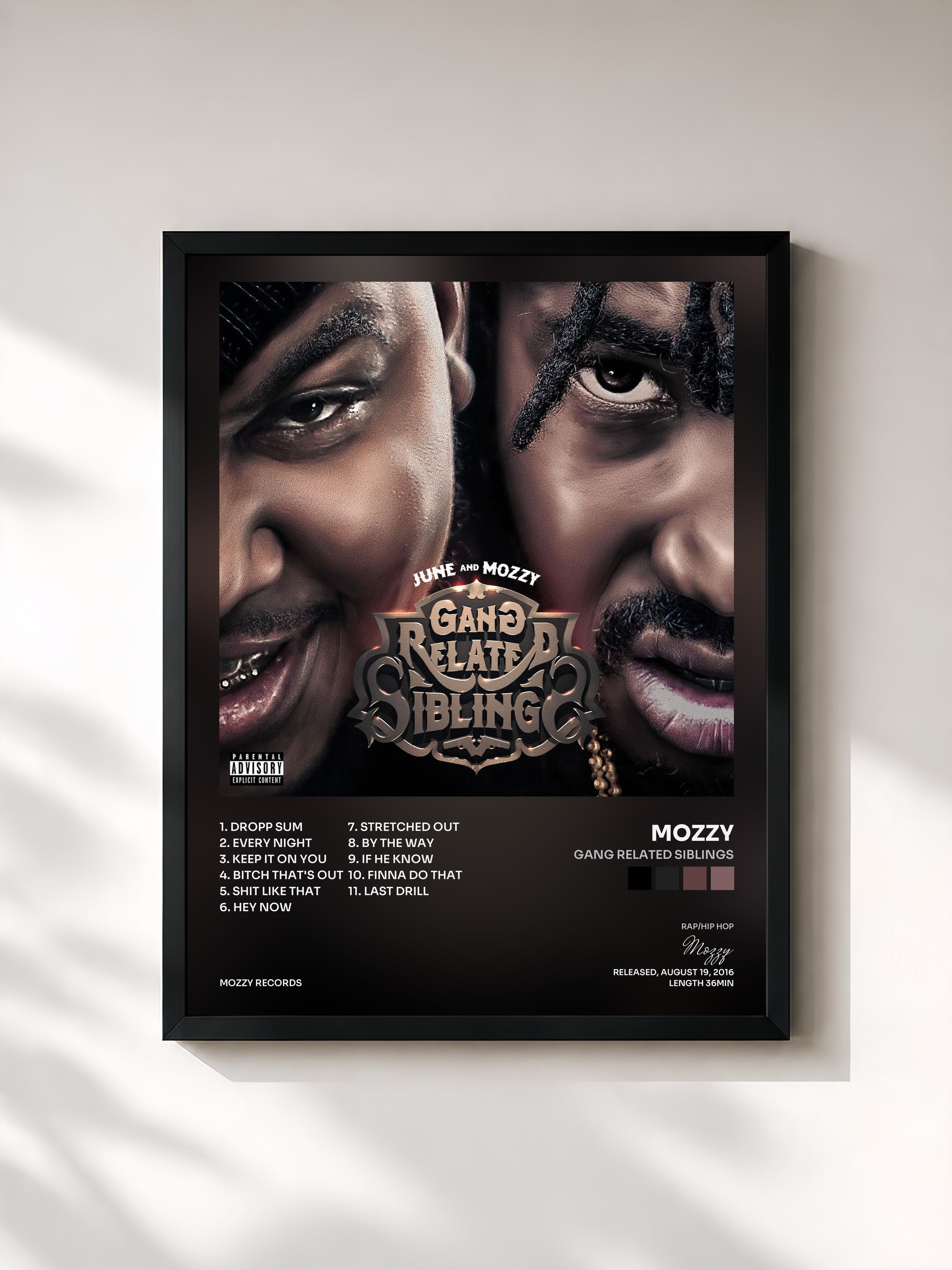 #noir Tableau de l'album Gang Related Siblings de Mozzy, cadre noir, imprimé et encadré en France