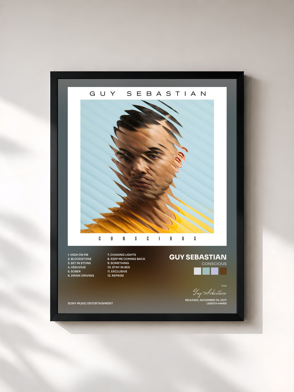 #noir Tableau de l'album Conscious de Guy Sebastian, cadre noir, imprimé et encadré en France