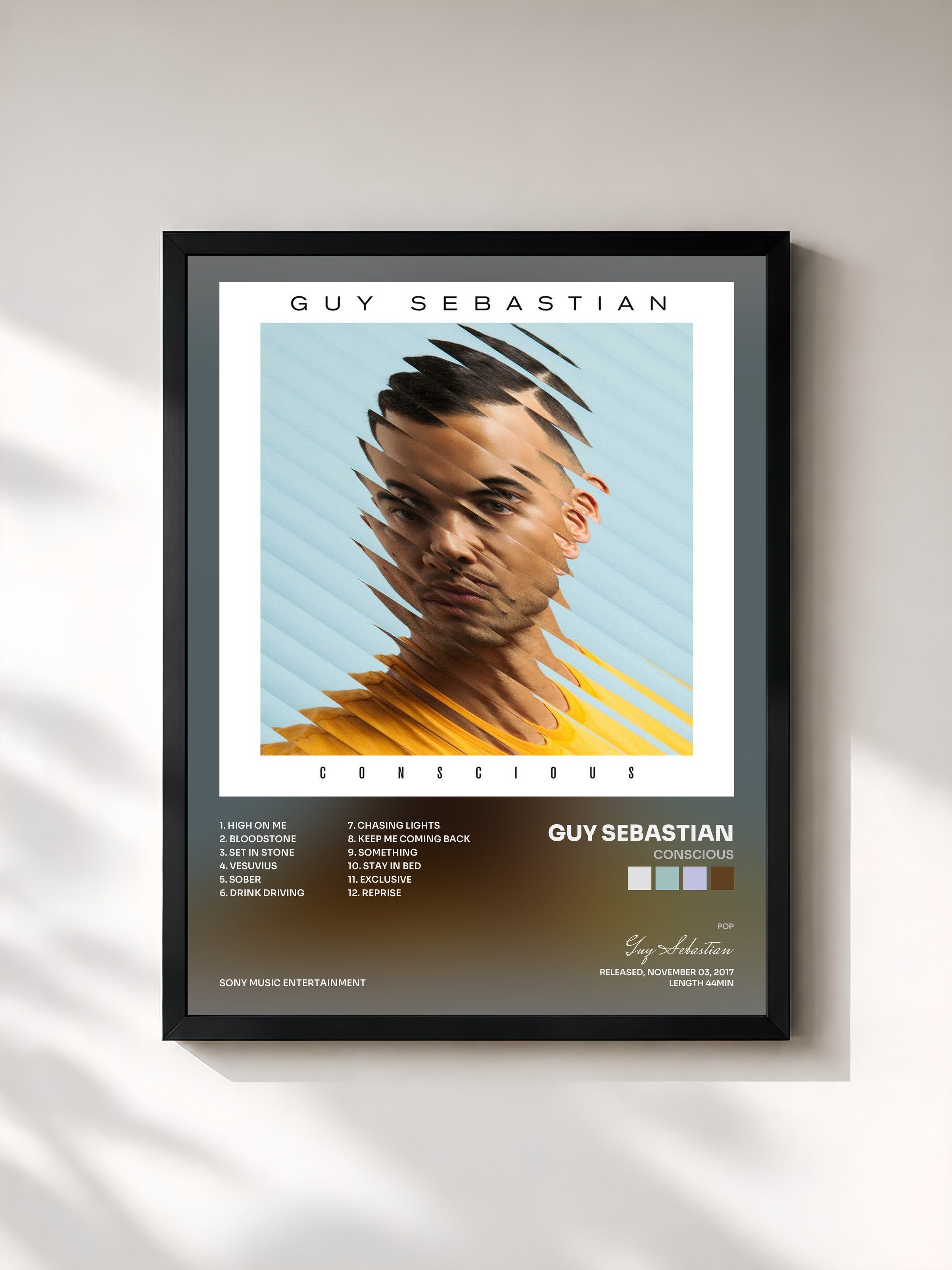 #noir Tableau de l'album Conscious de Guy Sebastian, cadre noir, imprimé et encadré en France