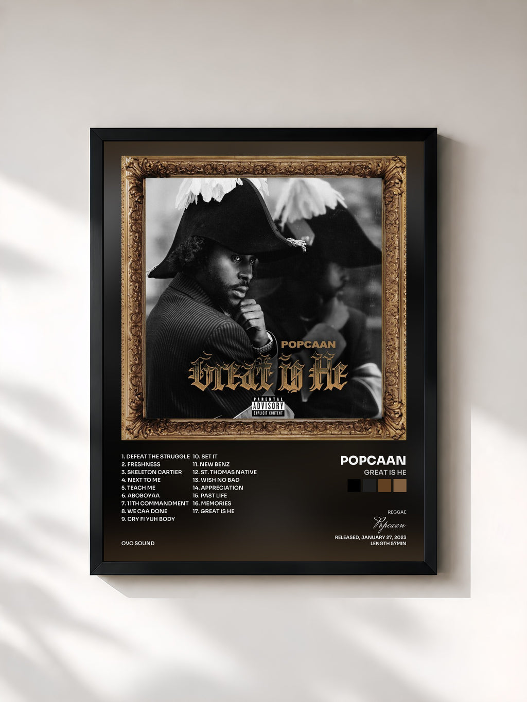#noir Tableau de l'album Great Is He de Popcaan, cadre noir, imprimé et encadré en France