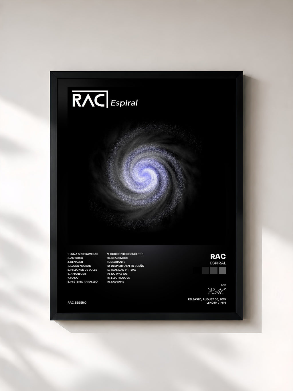 #noir Tableau de l'album Espiral de RAC, cadre noir, imprimé et encadré en France