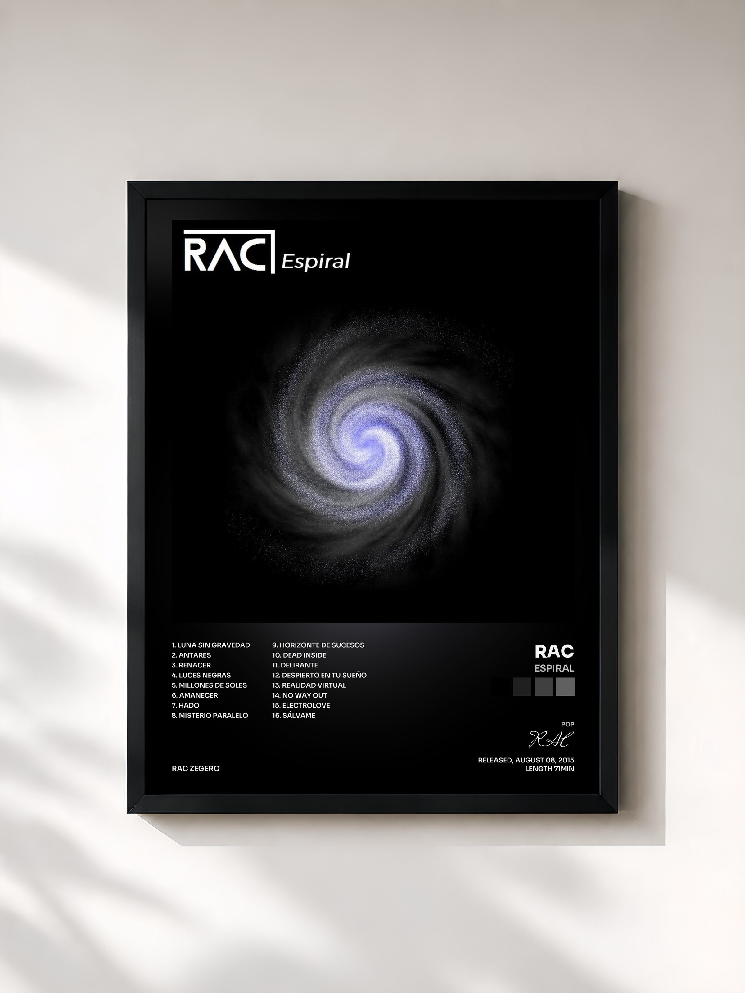 #noir Tableau de l'album Espiral de RAC, cadre noir, imprimé et encadré en France