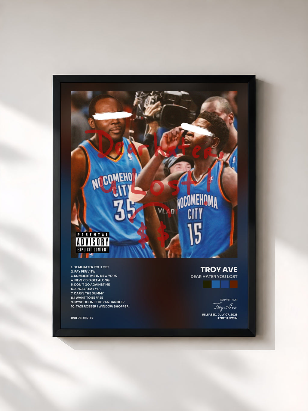 #noir Tableau de l'album Dear Hater You Lost de Troy Ave, cadre noir, imprimé et encadré en France