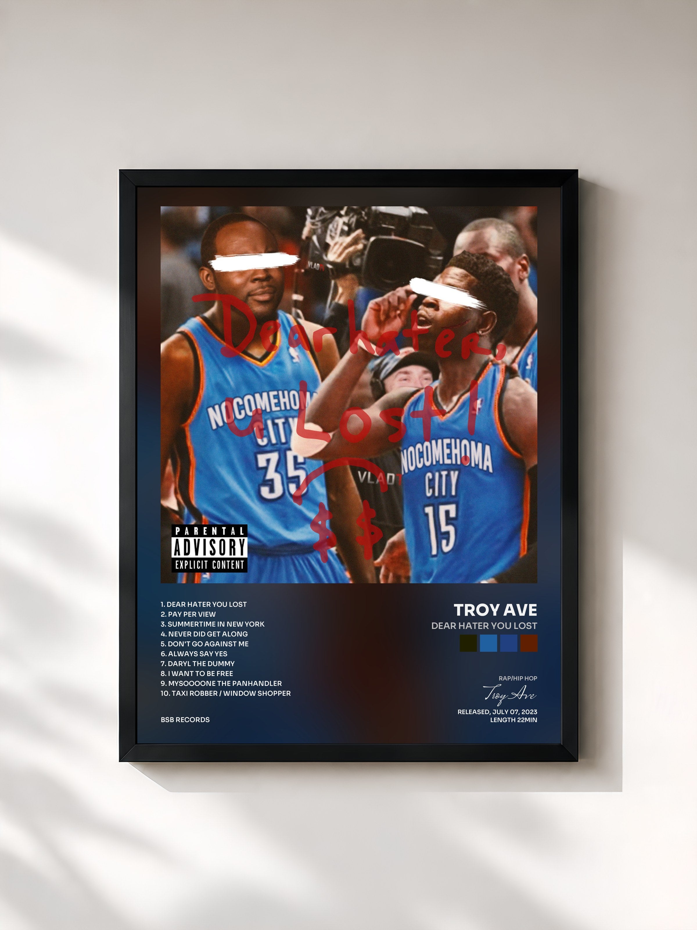 #noir Tableau de l'album Dear Hater You Lost de Troy Ave, cadre noir, imprimé et encadré en France