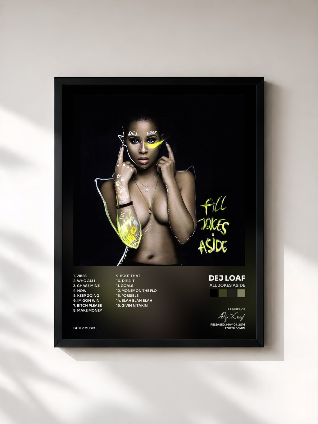 #noir Tableau de l'album All Jokes Aside de Dej Loaf, cadre noir, imprimé et encadré en France