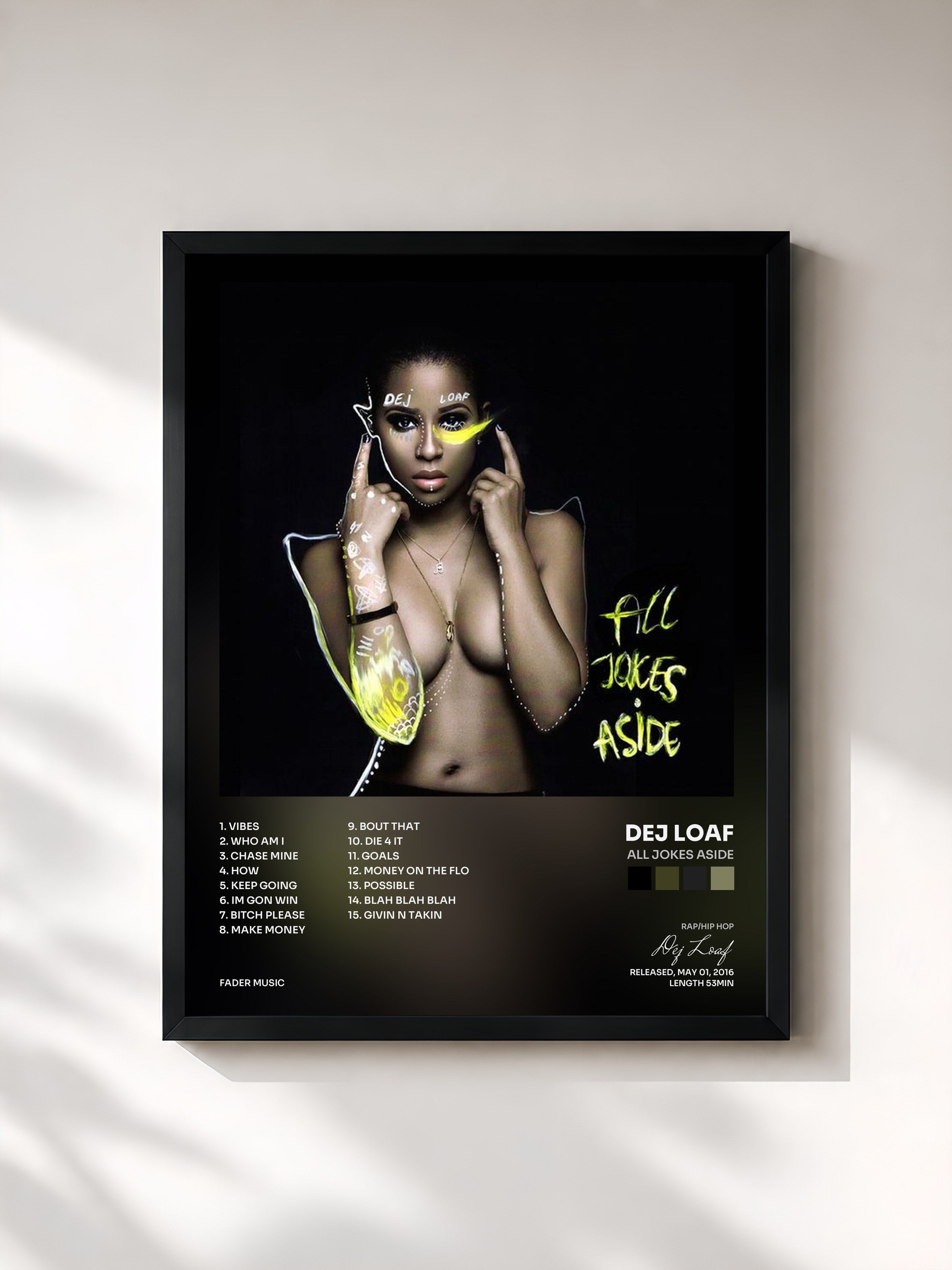 #noir Tableau de l'album All Jokes Aside de Dej Loaf, cadre noir, imprimé et encadré en France